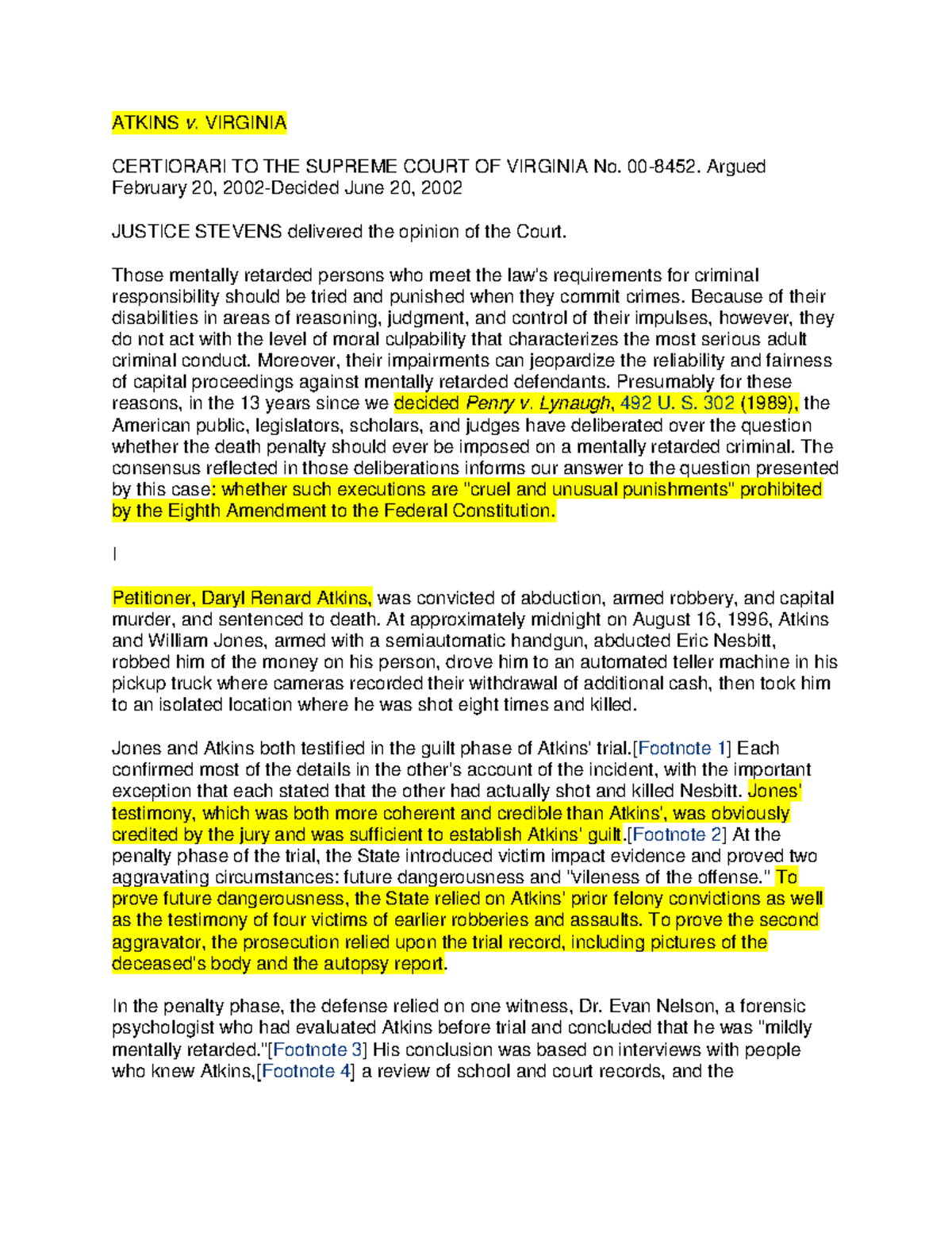 Case Brief Notes Atkins v Virginia ATKINS v. VIRGINIA CERTIORARI TO