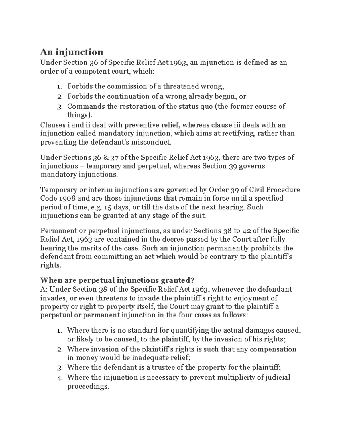 Injunction - Lecture notes - An injunction Under Section 36 of Specific ...