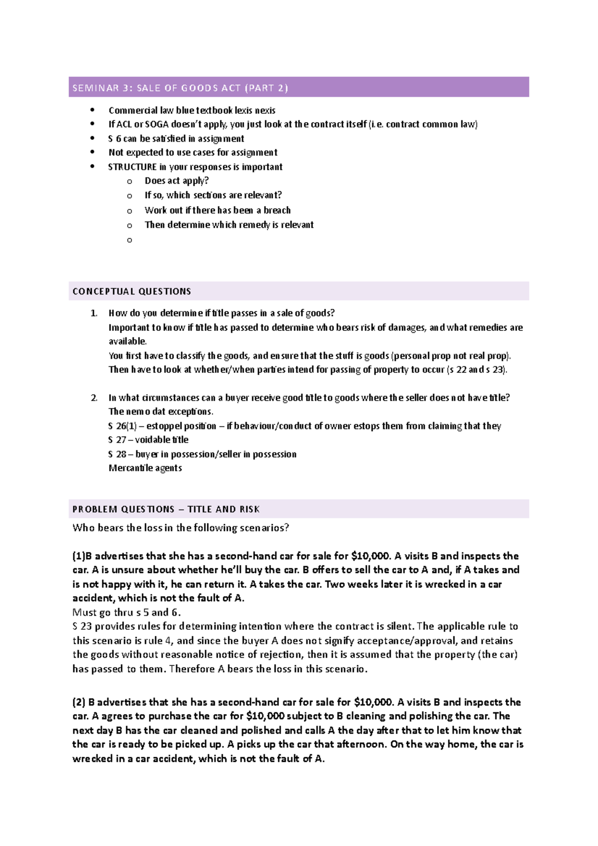 Seminar 3 Questions - Sale Of Goods Part 2 - SEMINAR 3: SALE OF GOODS ...