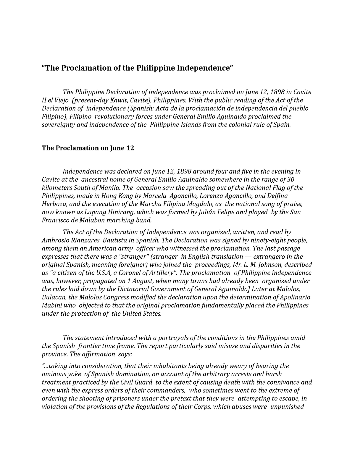 reflective essay on the proclamation of the philippine independence