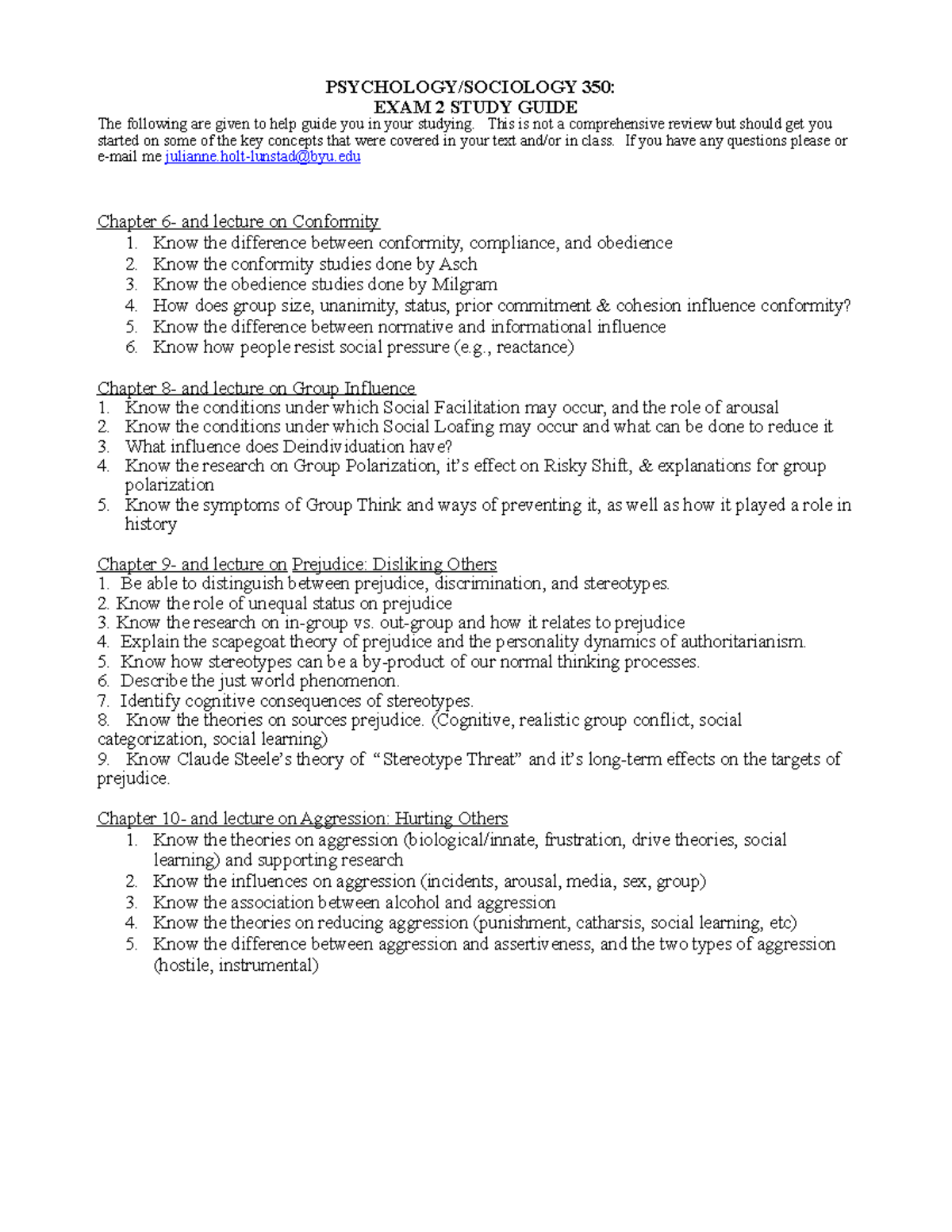 350 Study Guide exam 2 - 350: EXAM 2 STUDY GUIDE The following are ...