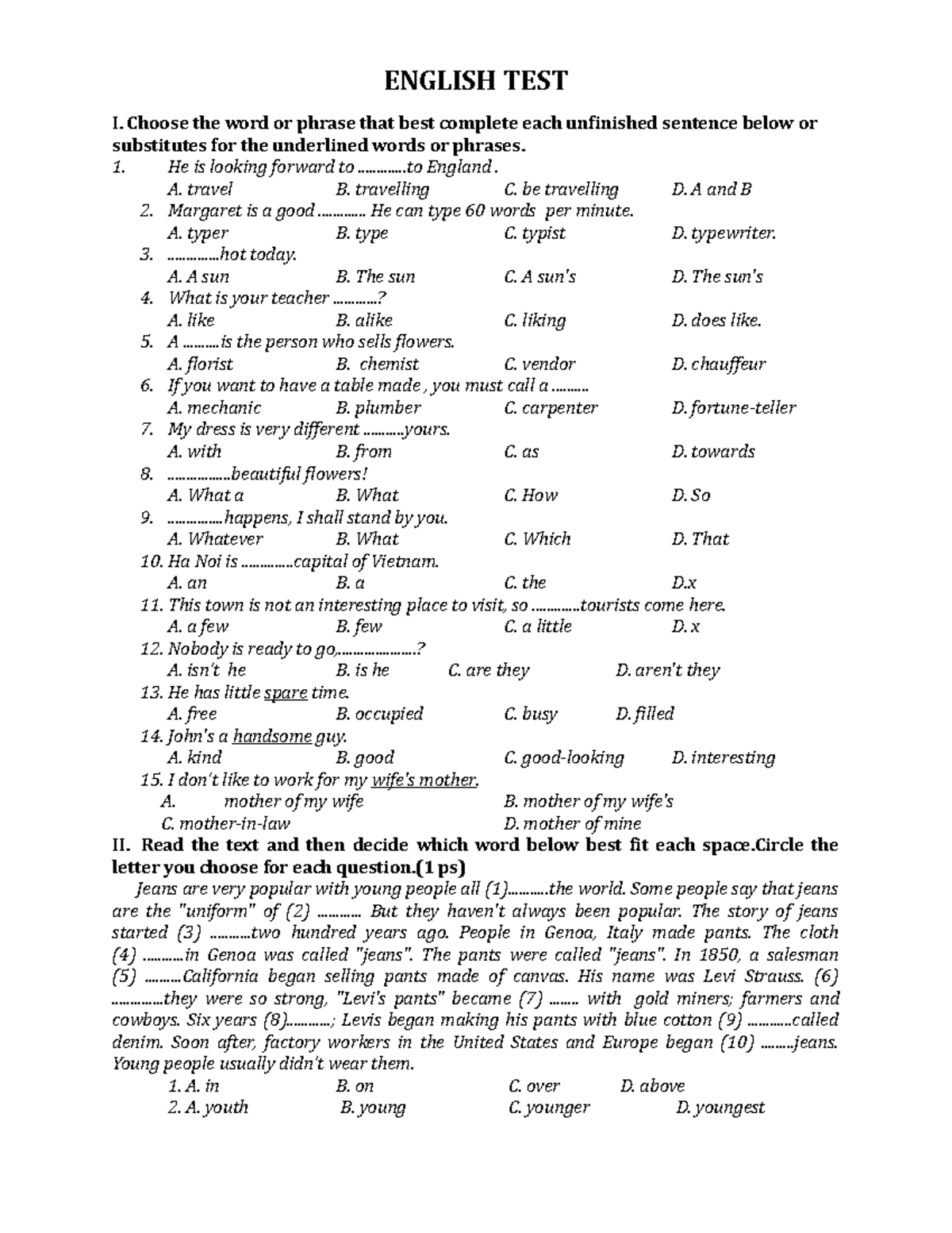 BAI KHAO SAT - .knasdkjs.dmkls - ENGLISH TEST I. Choose The Word Or ...