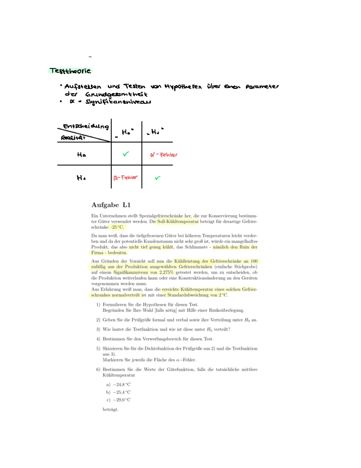 TUT 9 Testheorie - Einseitiger Test - Testtheorie ####### Aufstellen ...