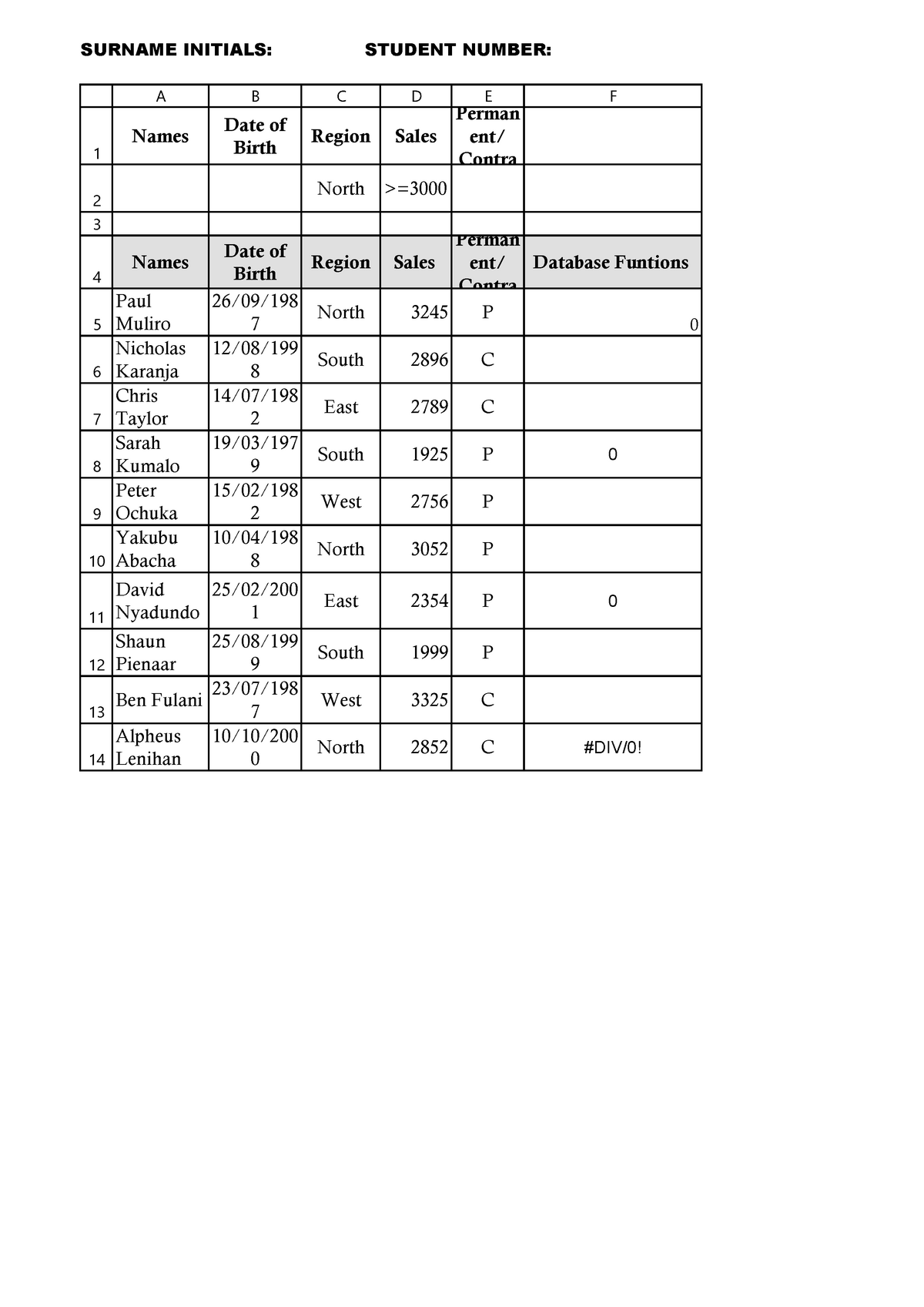 Model Answer June Test Revision 2019 Ms Excel SURNAME INITIALS 