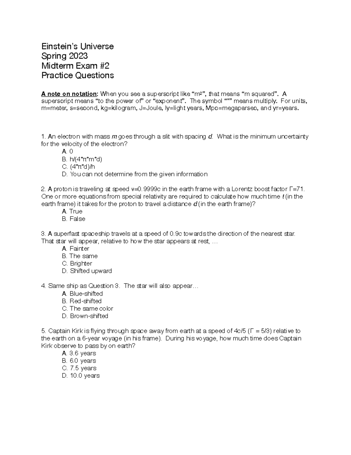 Midterm 2 Practice - Einstein’s Universe Spring 2023 Midterm Exam ...