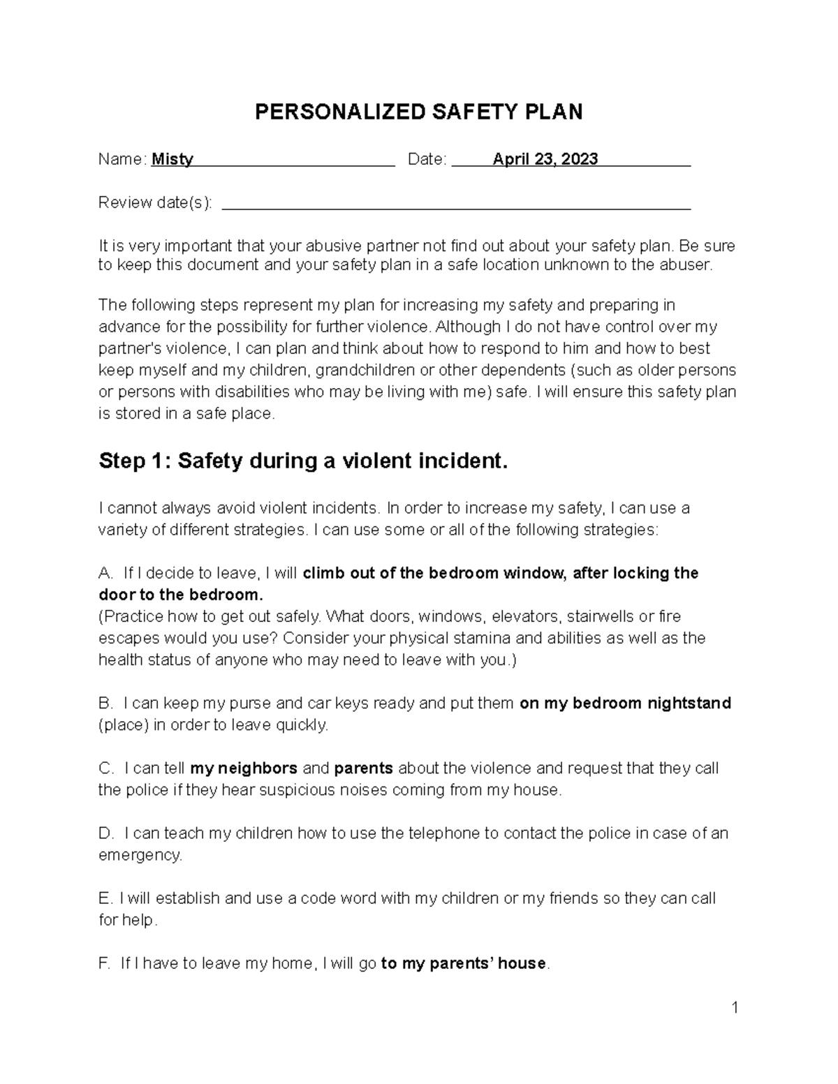 BHS440 Personalized Safety Plan, Sutphen - PERSONALIZED SAFETY PLAN ...