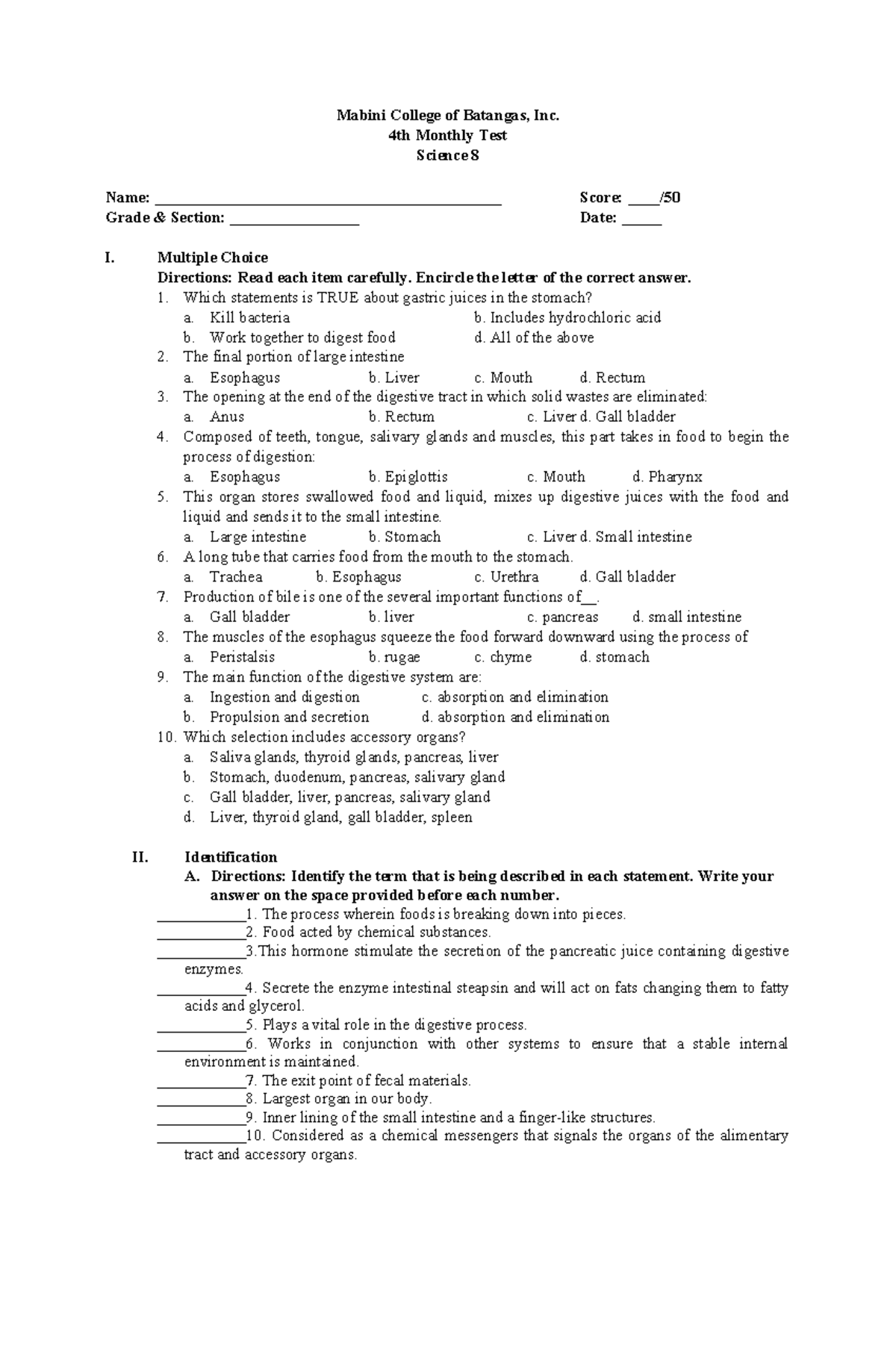 Monthly Test EXAM Science 8 - Mabini College of Batangas, Inc. 4th ...