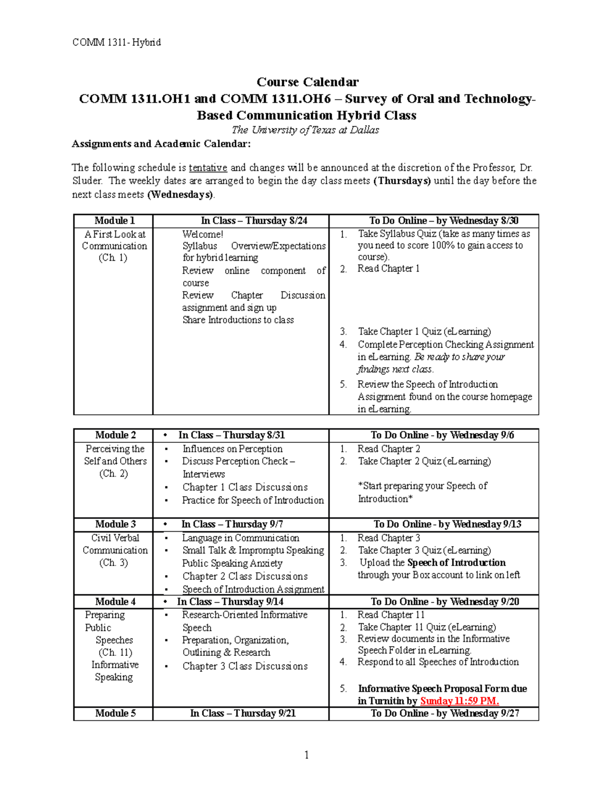 Comm1311 Calendar - COMM 1311- Hybrid Course Calendar COMM 1311 and ...