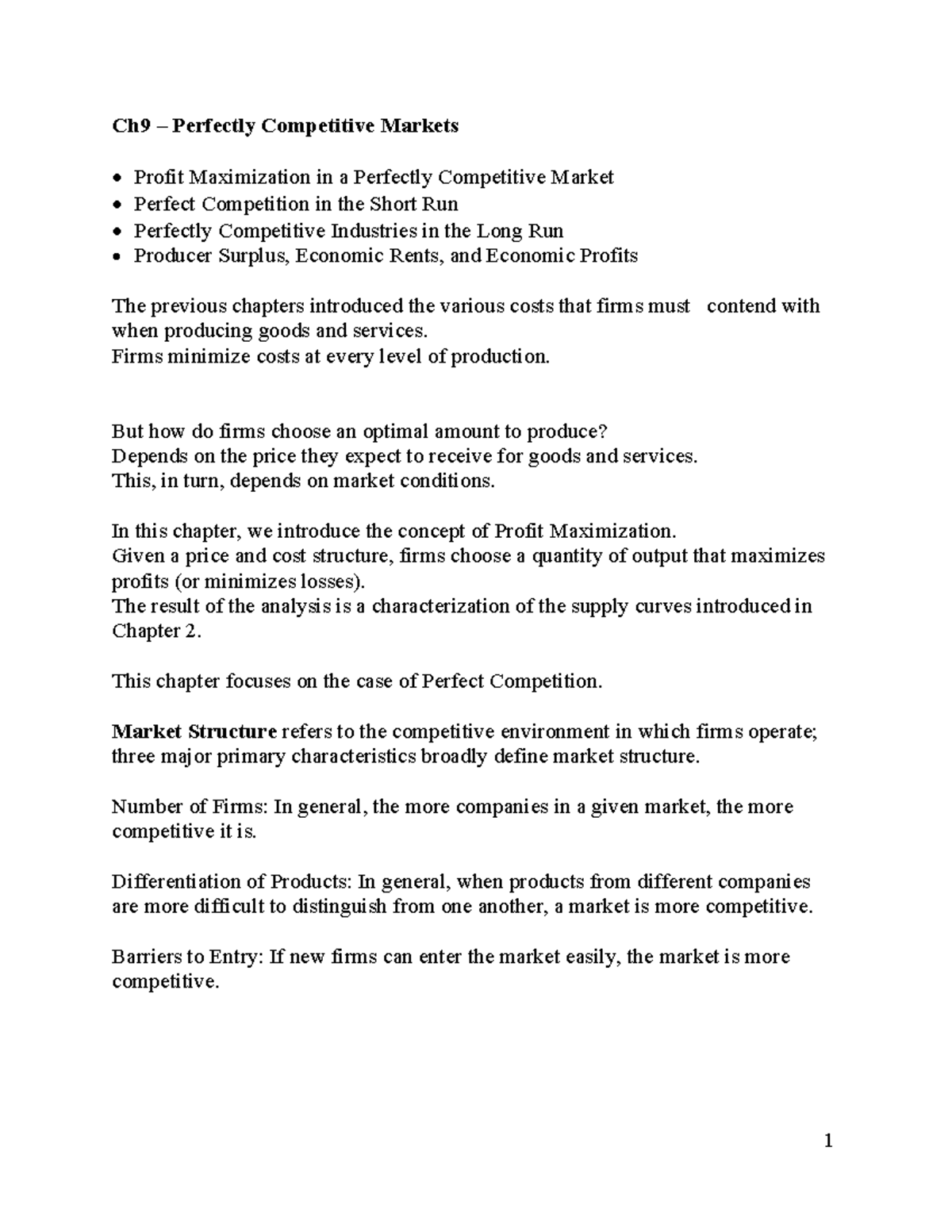 ECON 201 Notes - Ch9 – Perfectly Competitive Markets Profit ...
