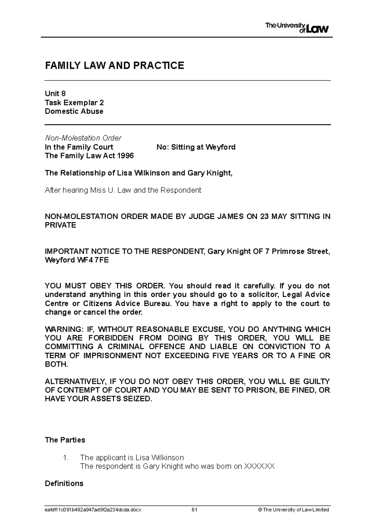 NonMolestation Order FAMILY LAW AND PRACTICE Unit 8 Task Exemplar 2 Domestic Abuse Studocu