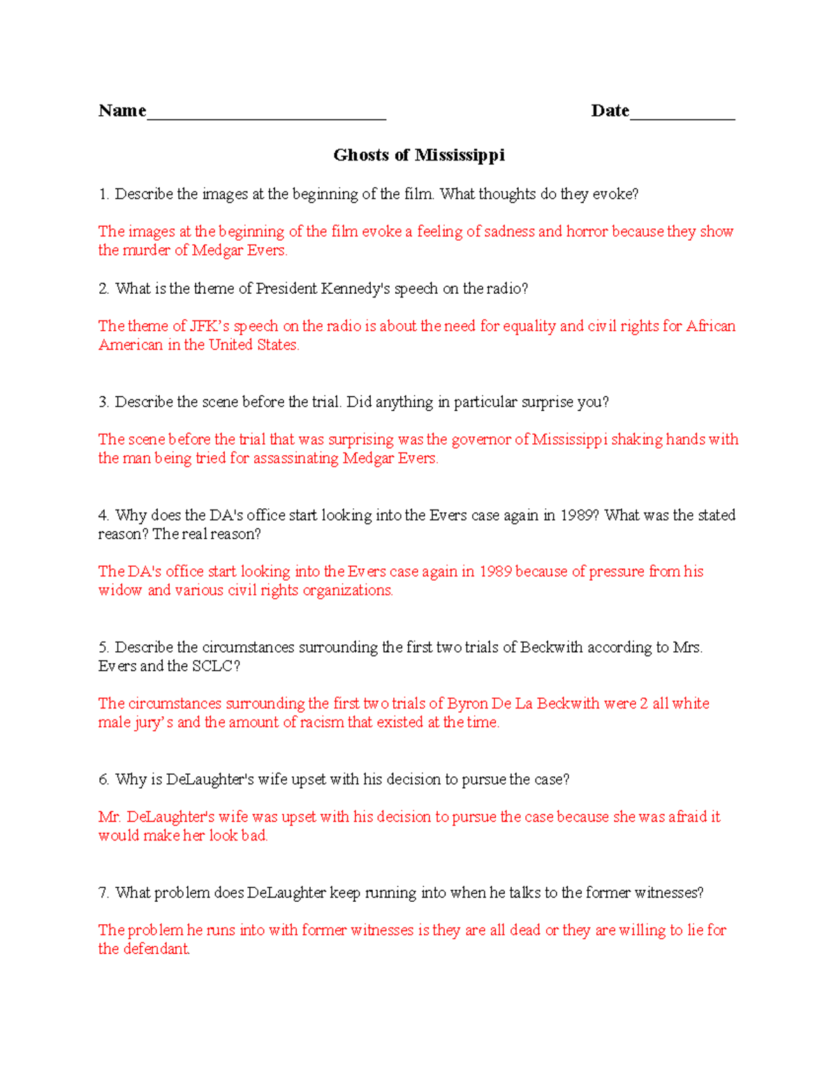 Answer sheet - ghosts of mississippi viewing questions - Name ...