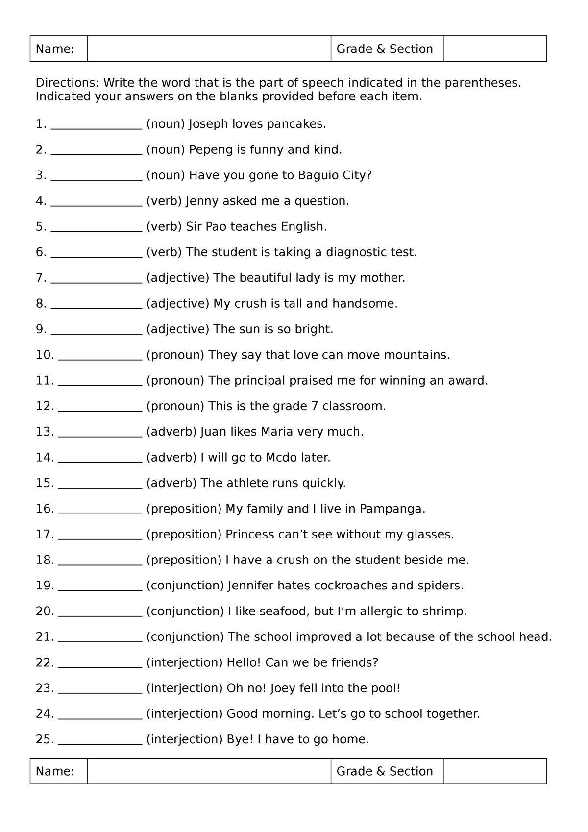 Diagnostic Test in English Q1 - Name: Grade & Section Directions: Write ...