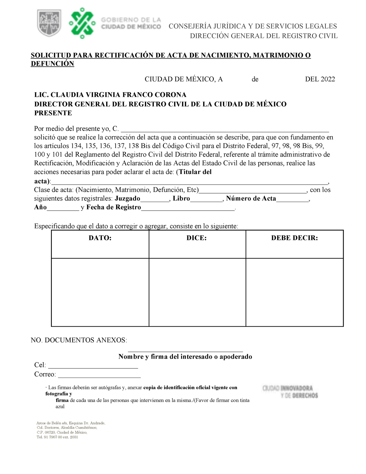 Solicitud De Correccion De Acta Cd Mx ConsejerÕa JurÕdica Y De Servicios Legales Direcci”n 