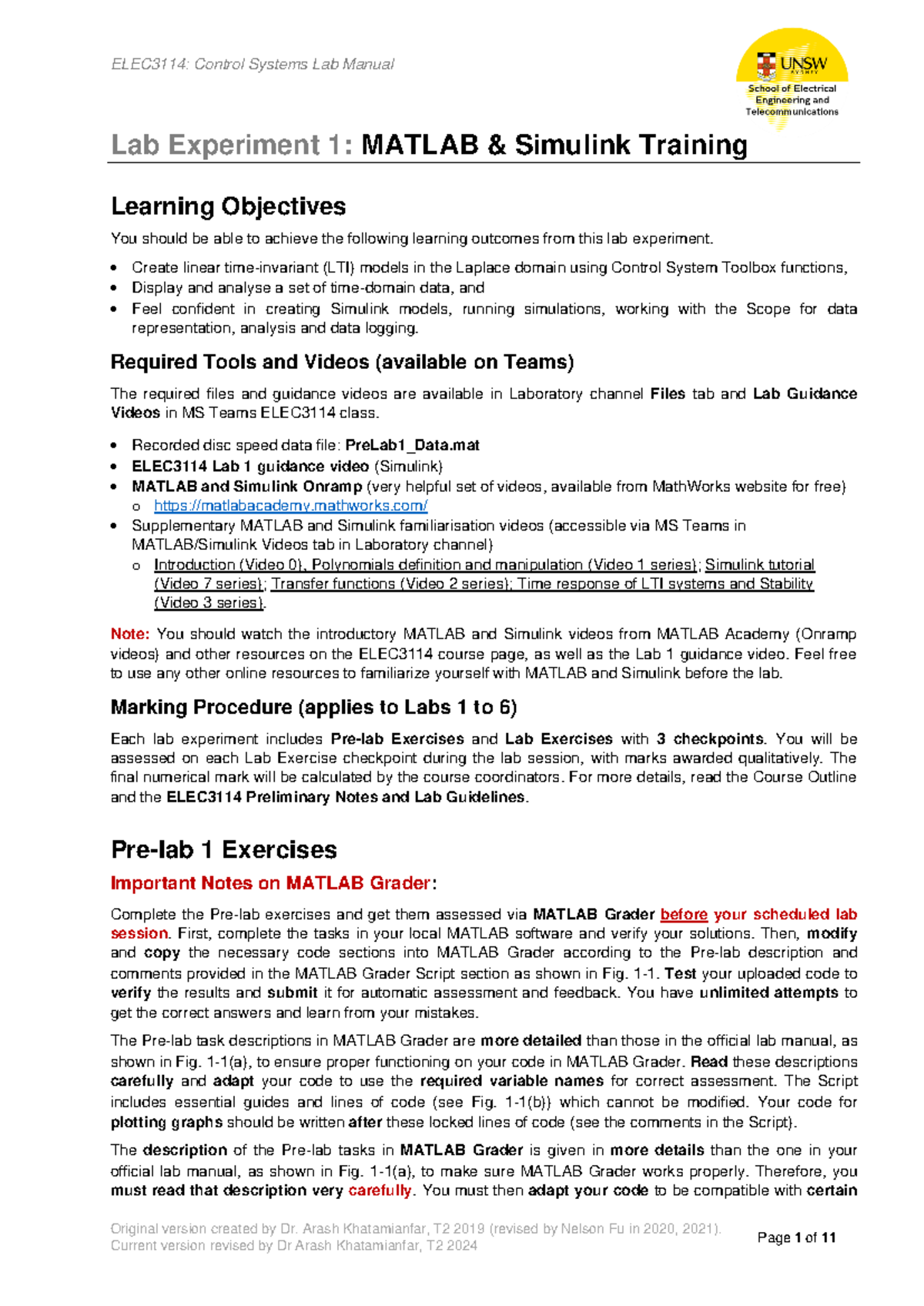 ELEC3114 Lab Experiment 1 - ELEC3114: Control Systems Lab Manual ...