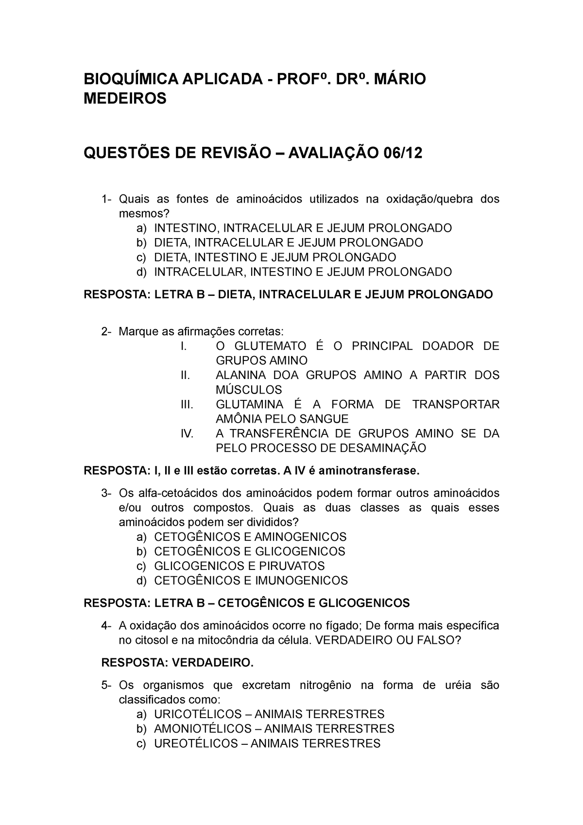 Revisao Bioquimica Resumos Bioqu Mica Aplicada Prof Dr M Rio Medeiros Quest Es De