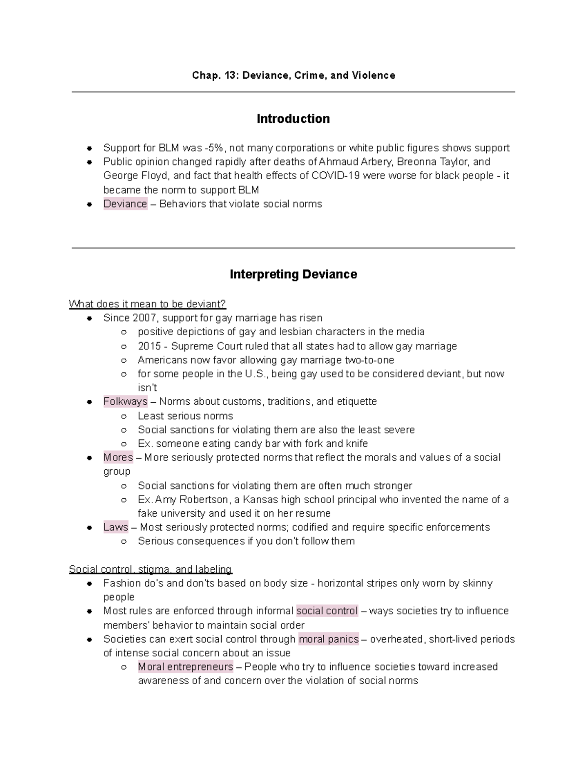 Chapter 13 Notes - Deviance, Crime, and Violence - Chap. 13: Deviance ...