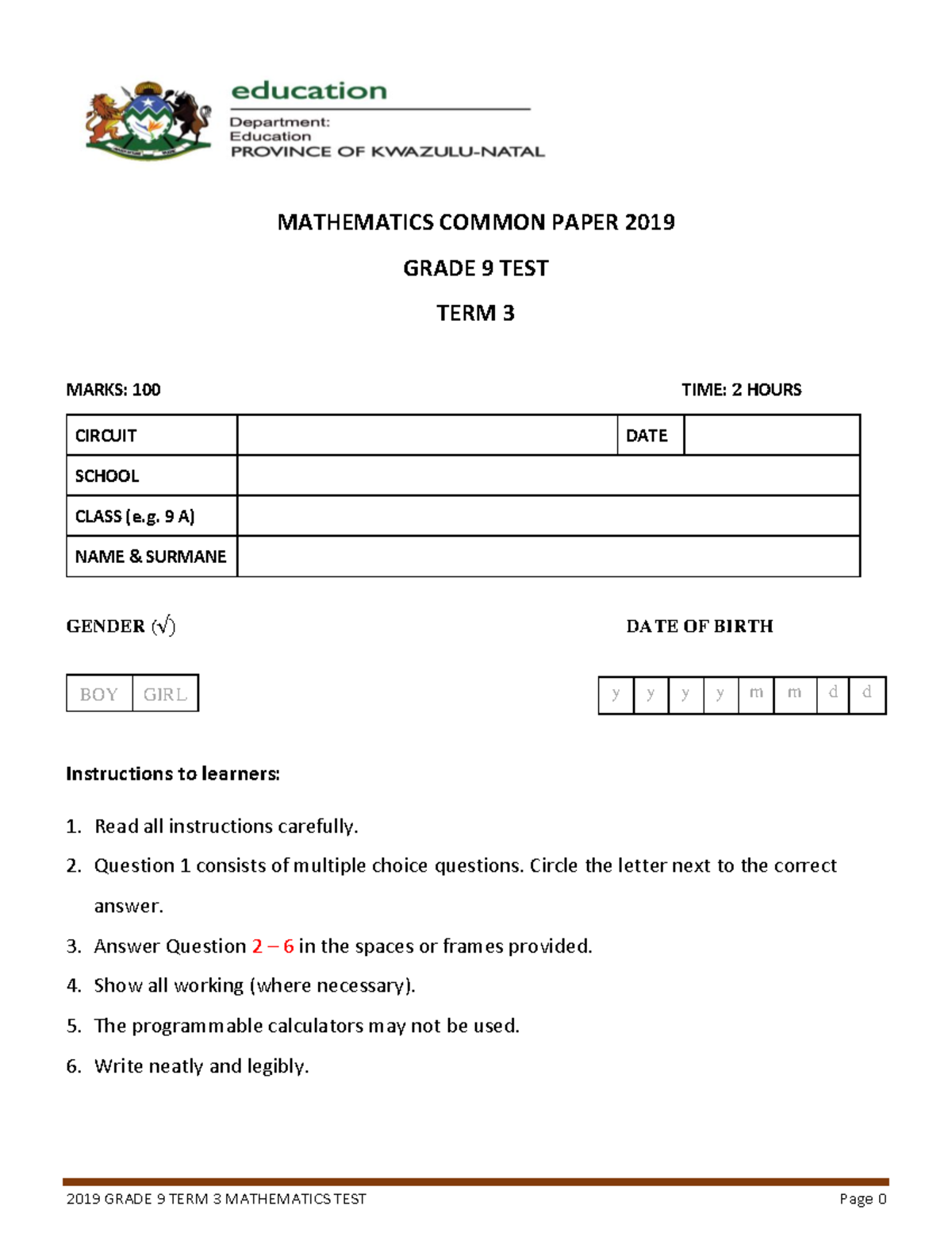 mathematics common paper 2019 grade 9 test term 3