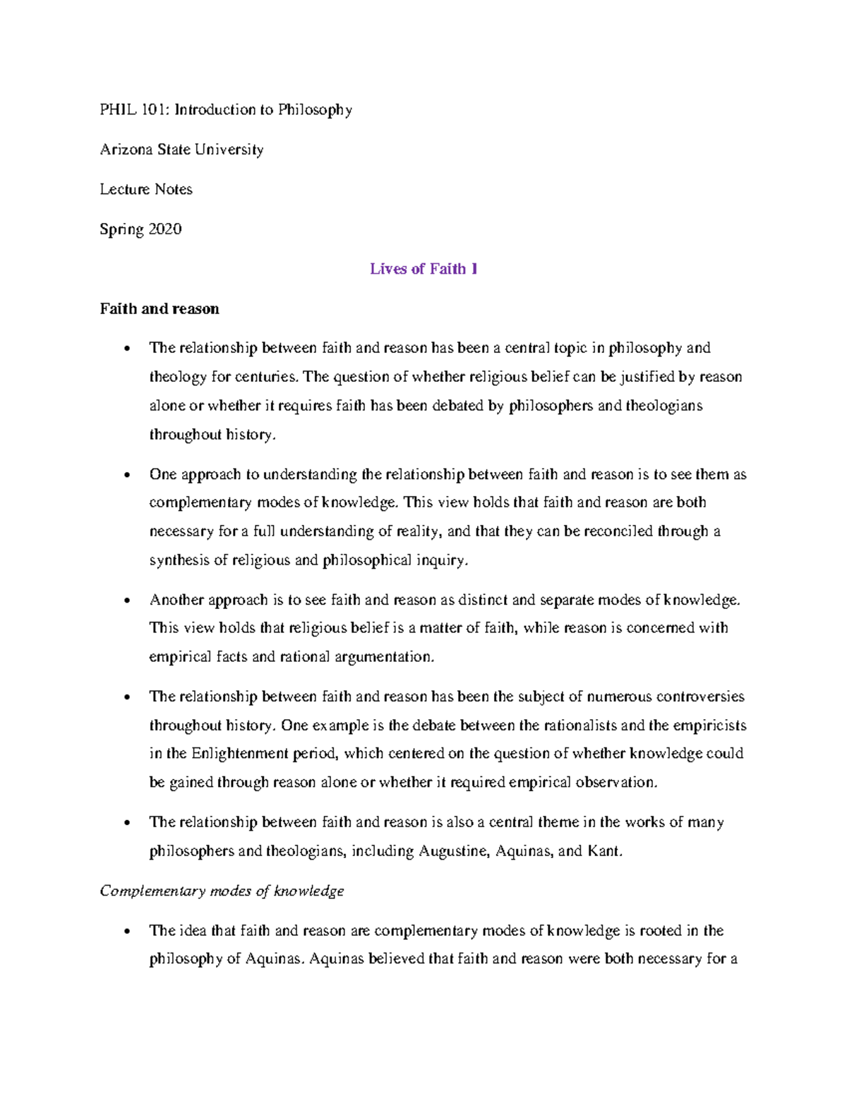 PHIL 101 Week 6 Lecture notes-Lives of Faith I - PHIL 101: Introduction ...