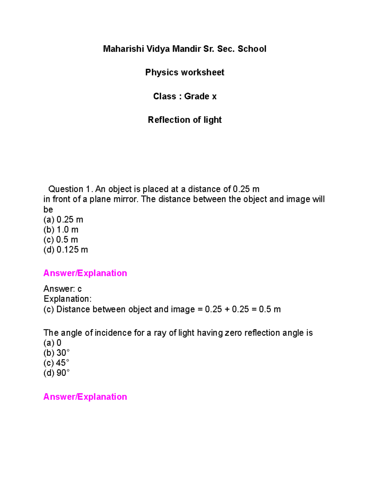 CBSE Class X CH 1 Light Physics ONE MARK Questions WITH Explanation
