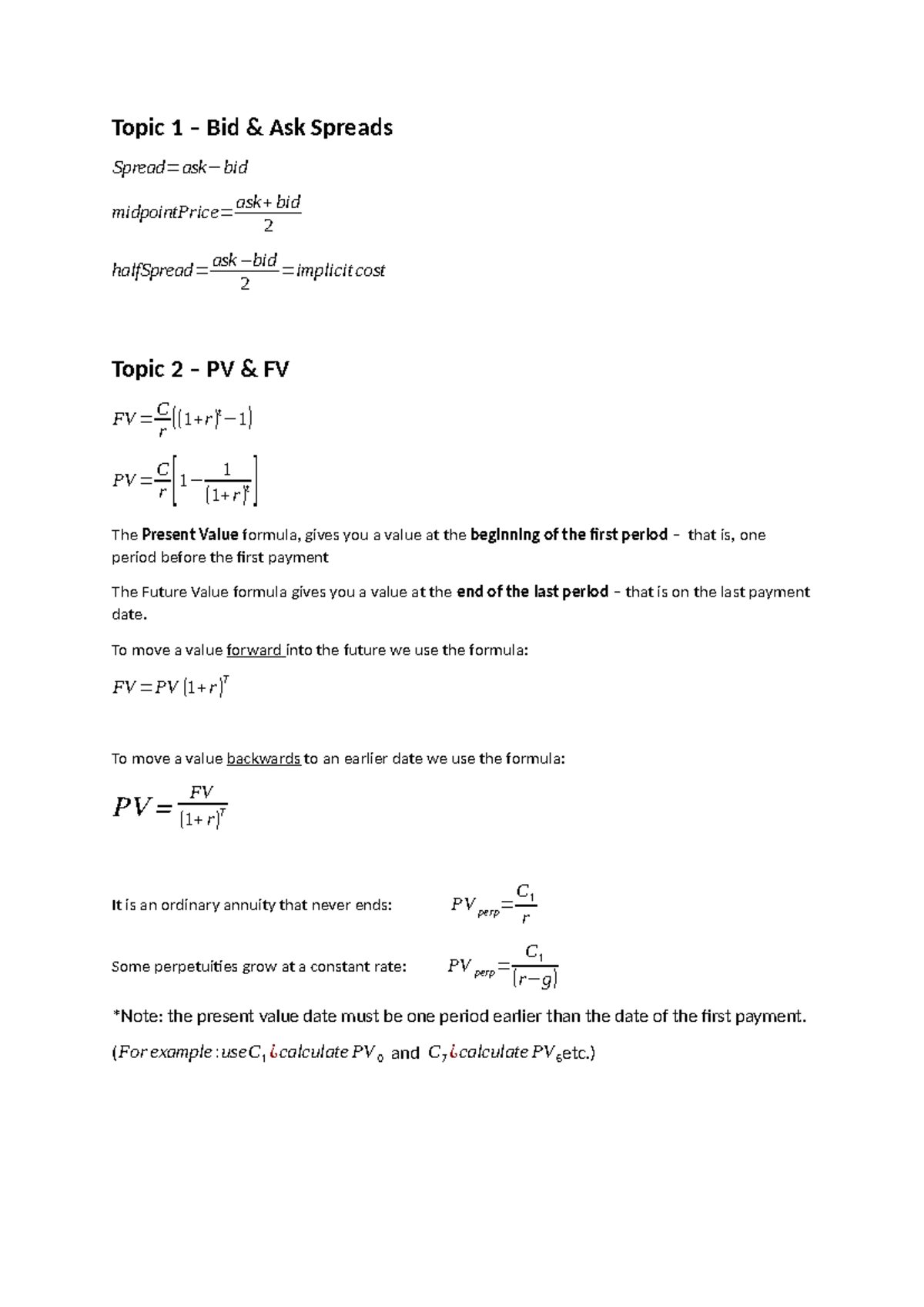 Finance 1A Formulas - Topic 1 – Bid & Ask Spreads Spread=ask−bid ...