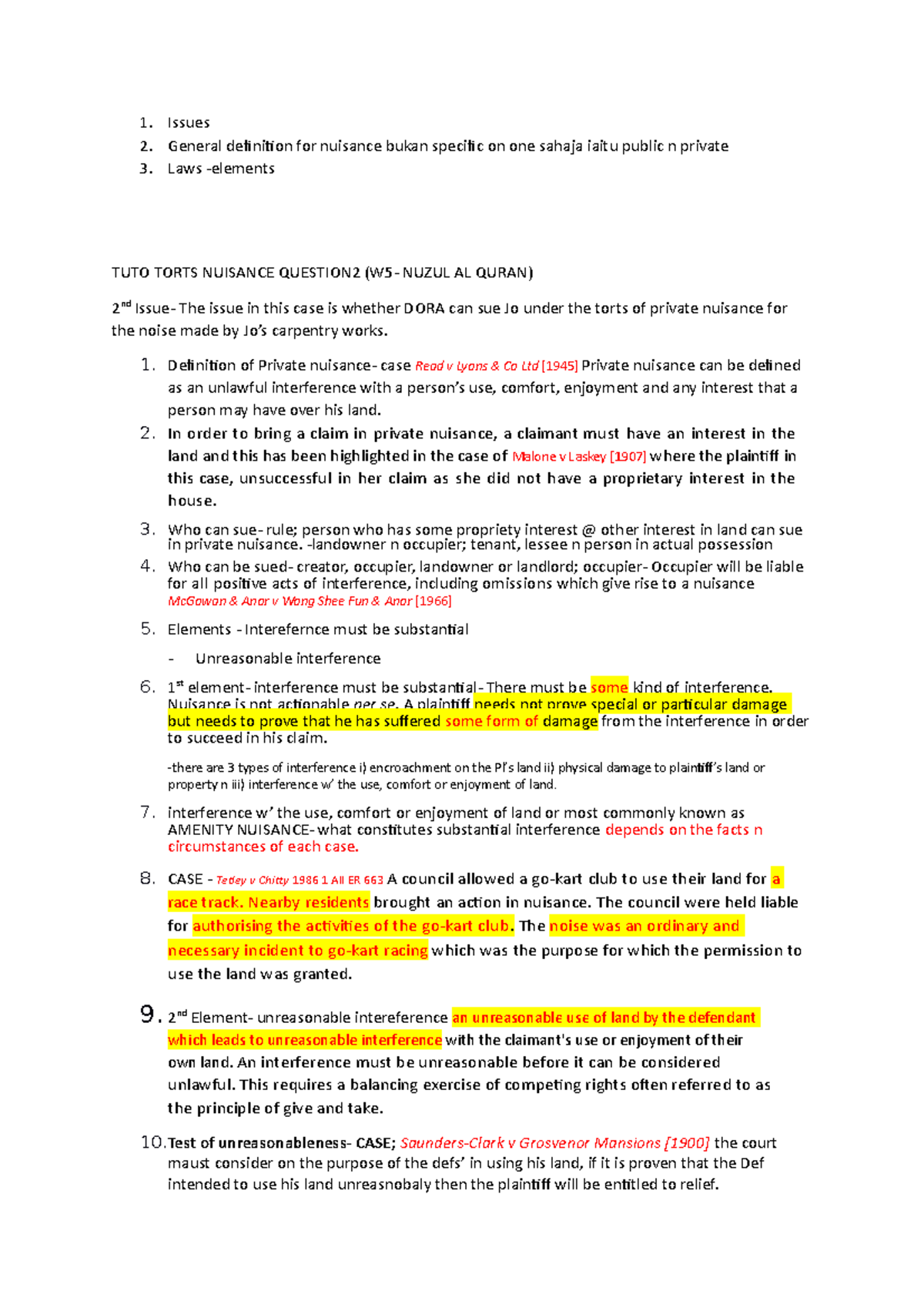 TUTO Torts Nuisance Question 2 n consti jugak - Issues General ...