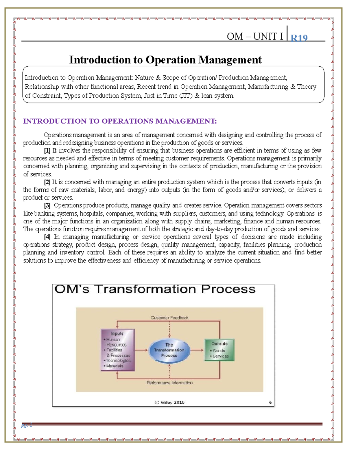 UNIT-1 - Lecture notes Unit-1 - OM – UNIT I Introduction to Operation ...