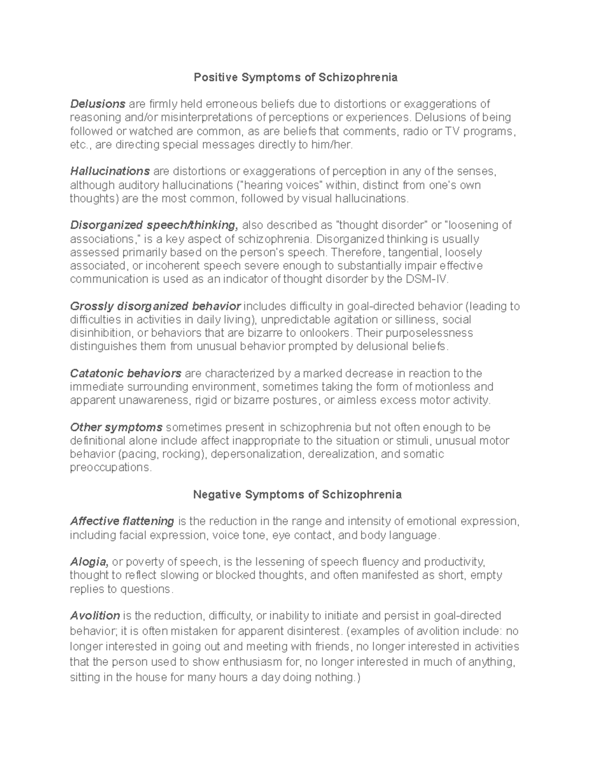 Positive and negative Symptoms of Schizophrenia - Positive Symptoms of ...