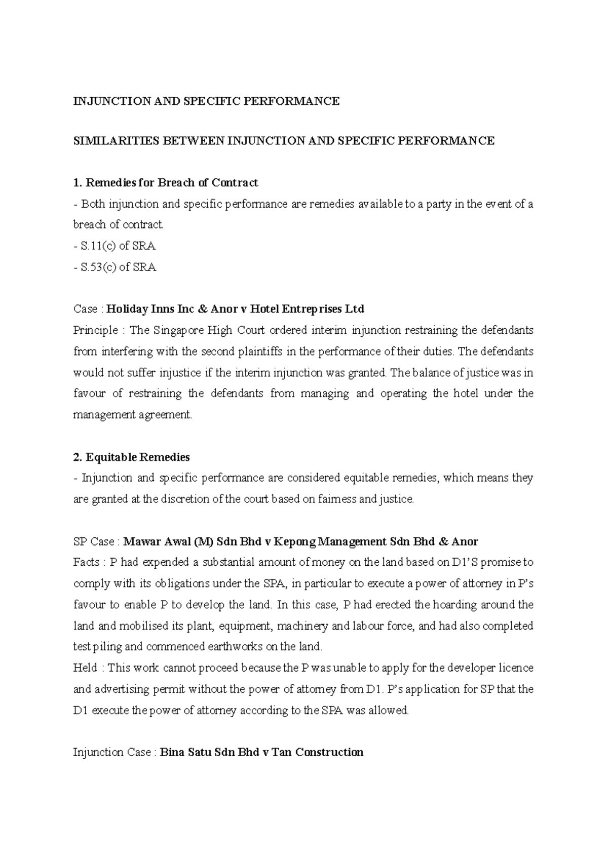 contract notesss - INJUNCTION AND SPECIFIC PERFORMANCE SIMILARITIES ...