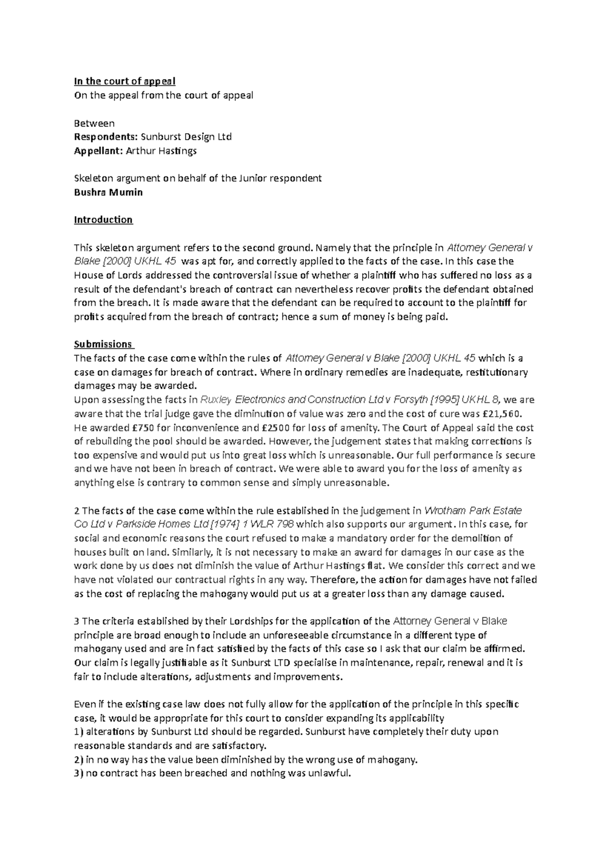 Skeleton arg - In the court of appeal On the appeal from the court of ...