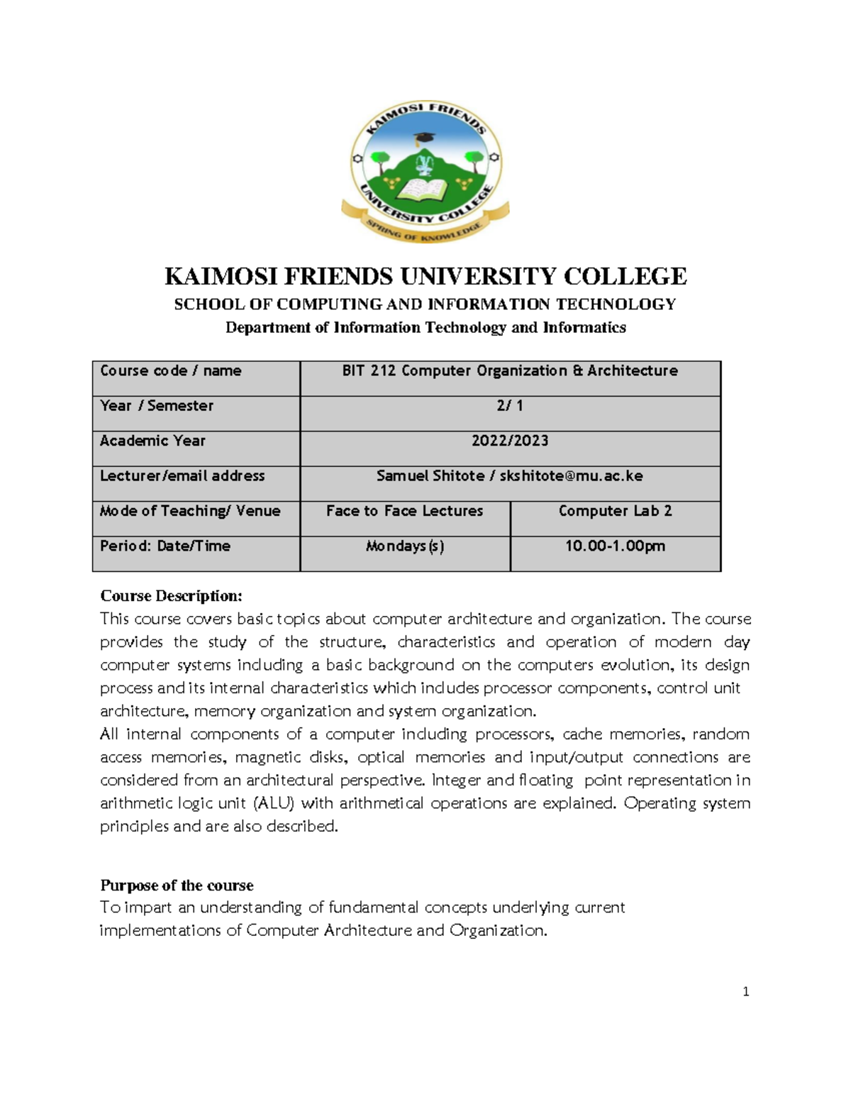 Computer Organization AND Architecture Course Outline-1 - KAIMOSI ...
