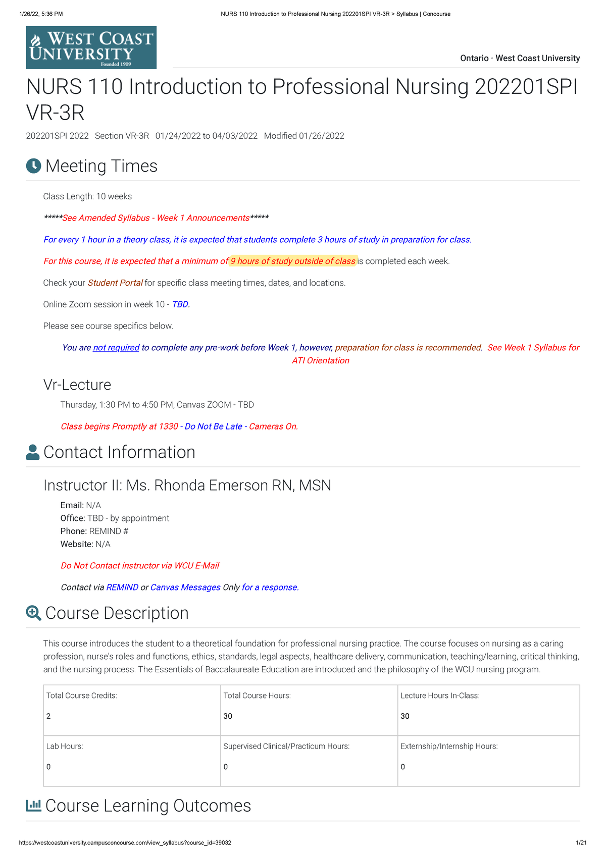 NURS 110 Introduction to Professional Nursing 202201 SPI VR-3R Syllabus ...