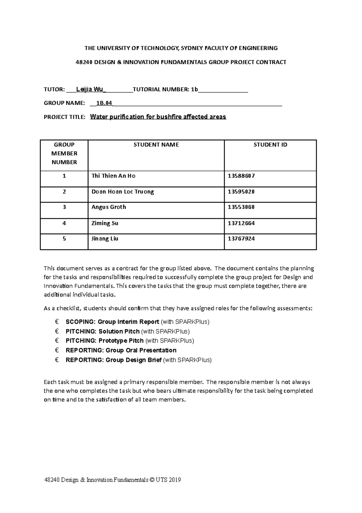 Group Project Contract - Remote - THE UNIVERSITY OF TECHNOLOGY, SYDNEY ...