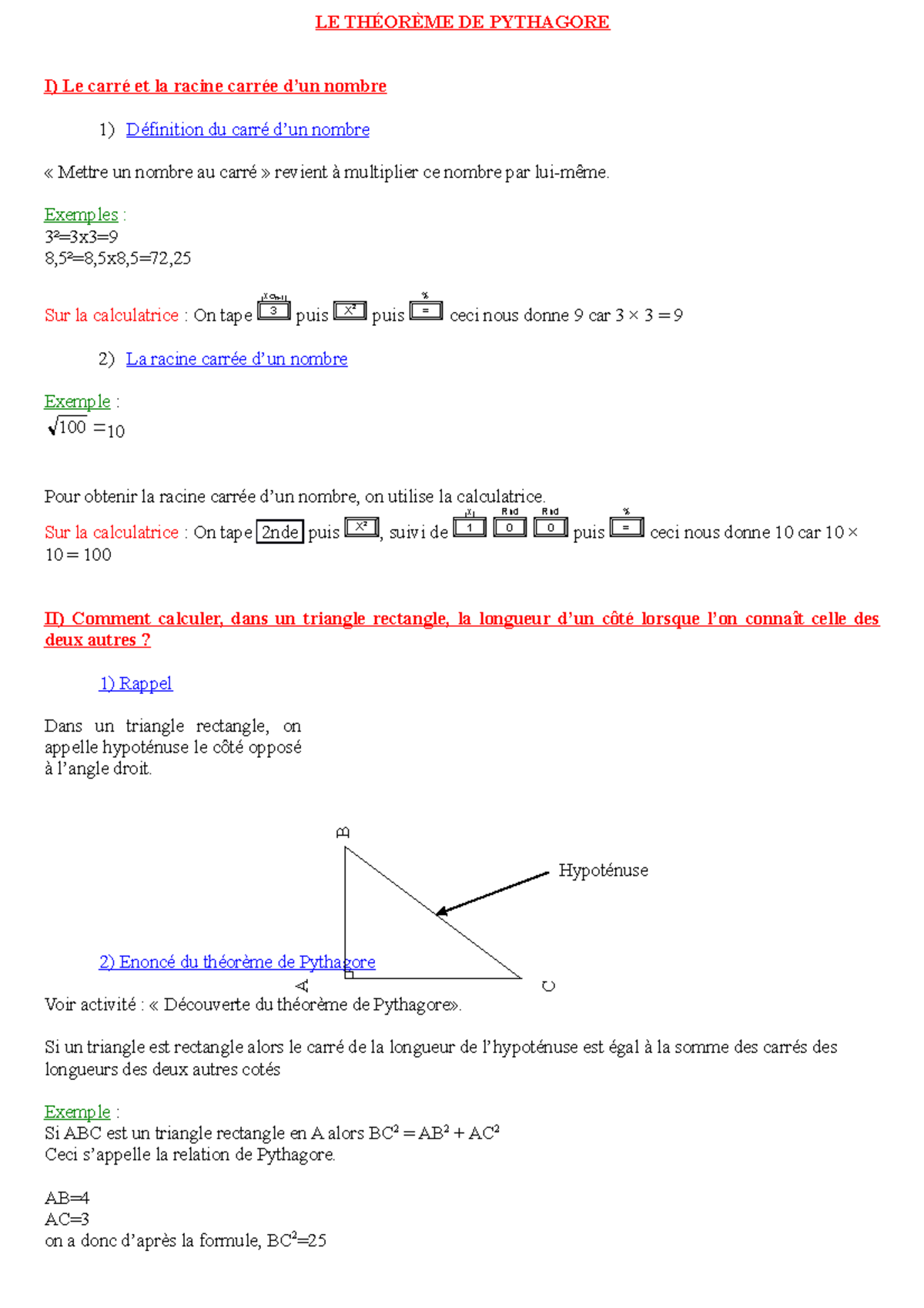 Theoreme de Pythagore - college math - LE THÉORÈME DE PYTHAGORE I) Le ...