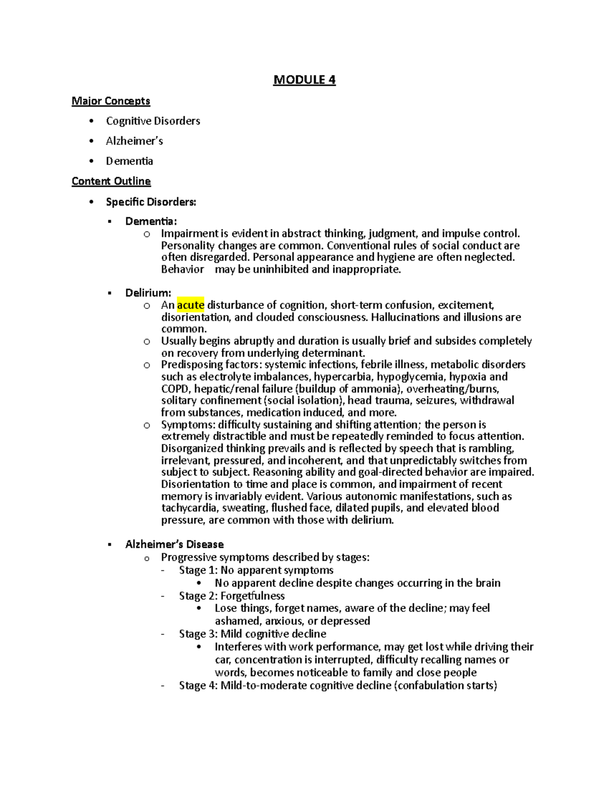 Mental Health EXAM 2 copy - MODULE 4 Major Concepts · Cognitive ...