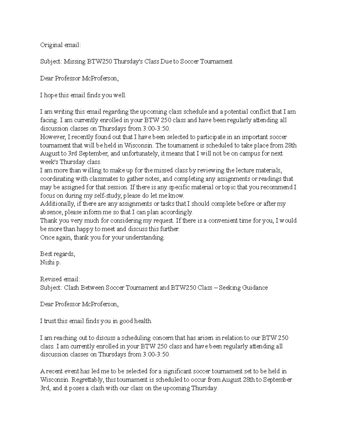 Nishisp 2 email revised - Original email: Subject: Missing BTW250 ...