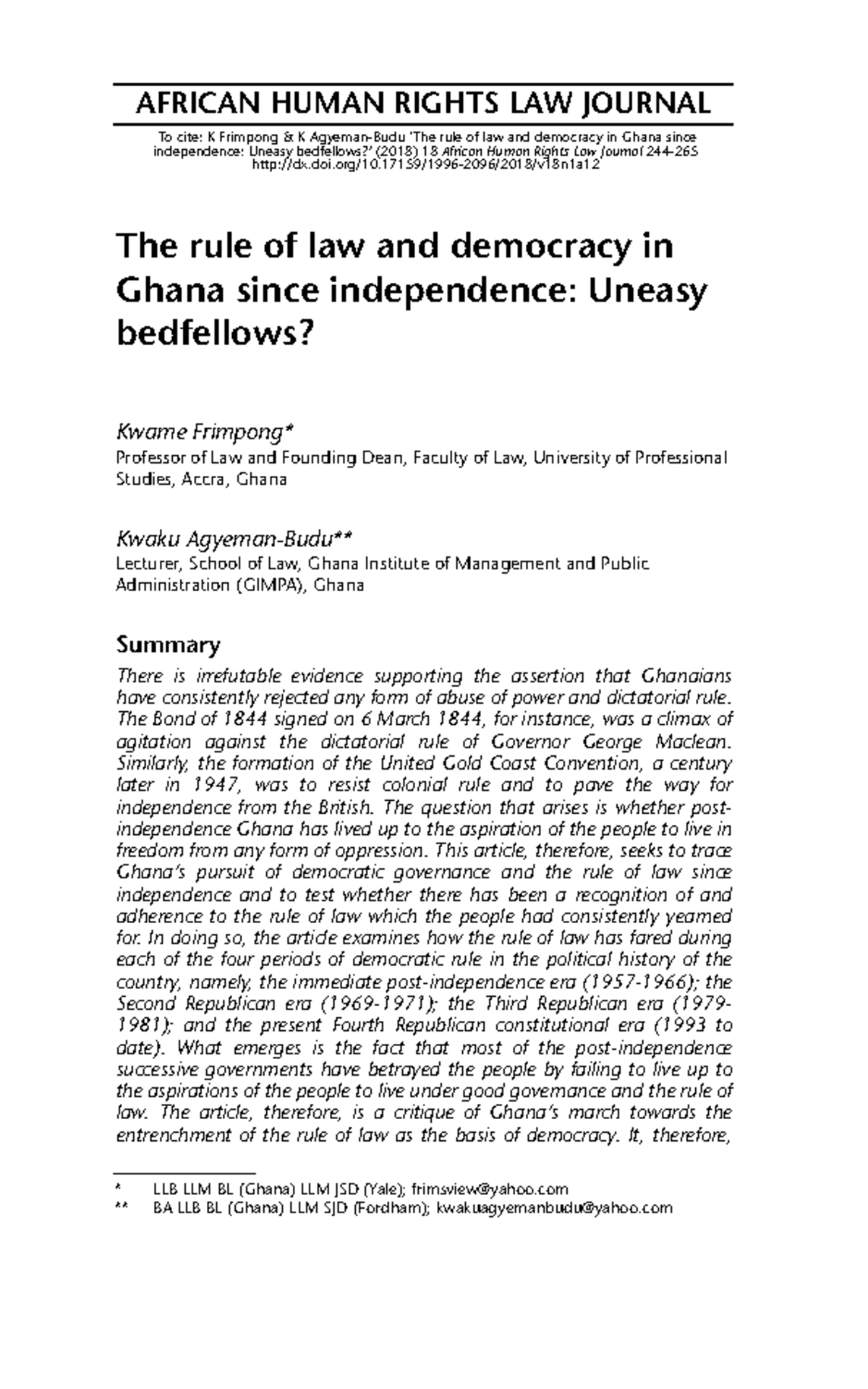 Frimpong Et Al 2018 African Human Rights Law Journal The Rule Of Law