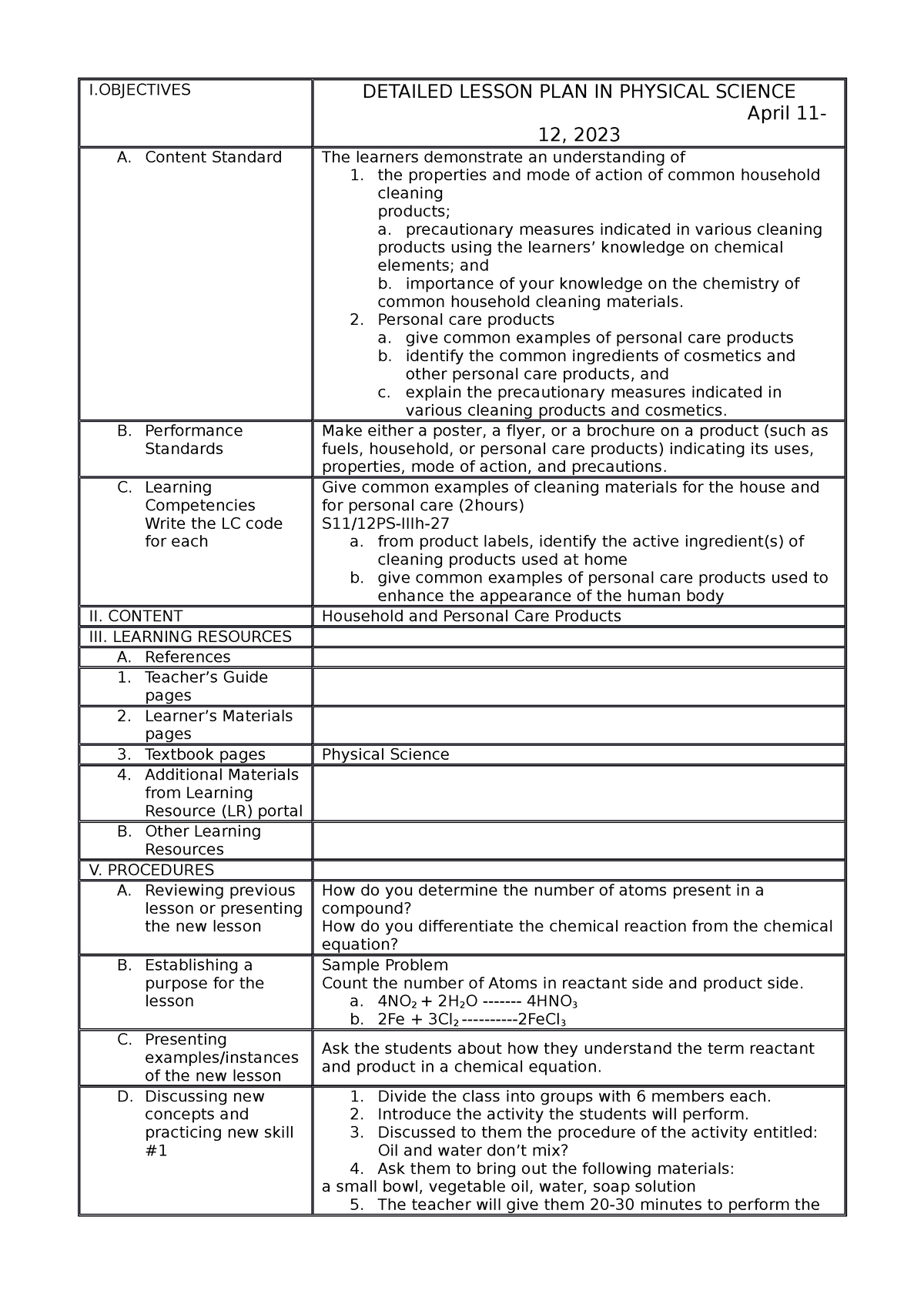 April 11-12 - LESSON PLAN - I DETAILED LESSON PLAN IN PHYSICAL SCIENCE ...