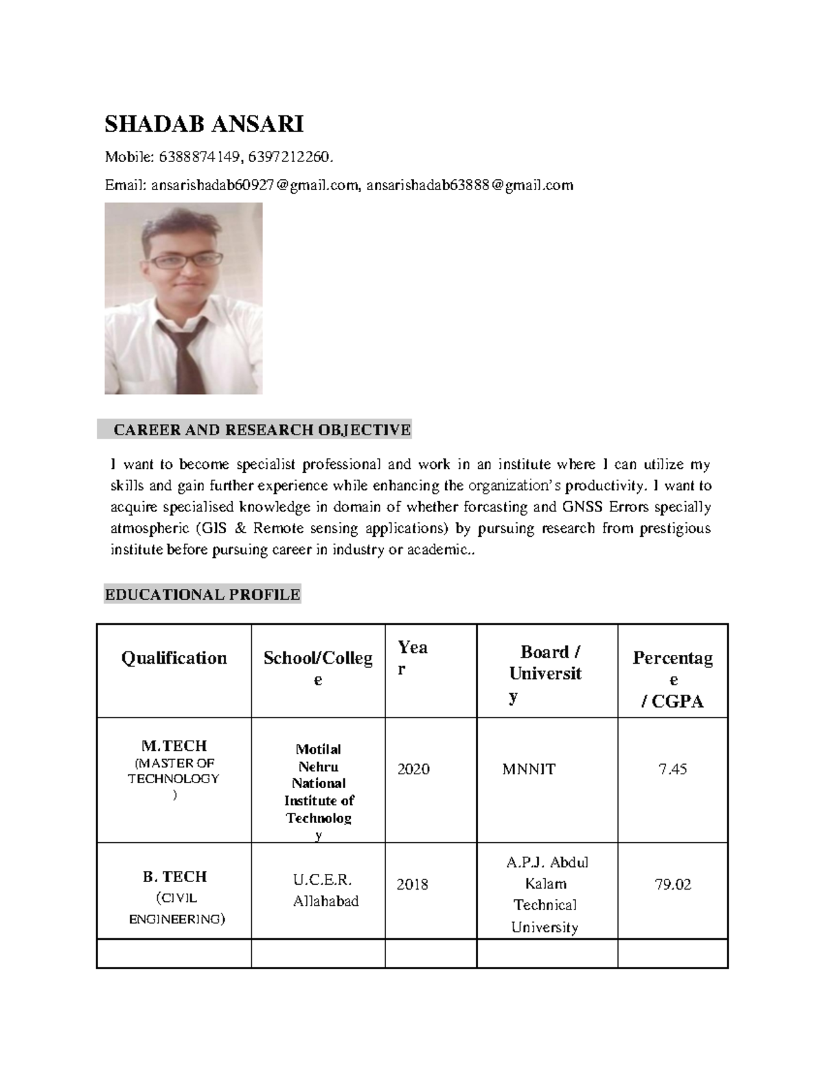 Shadab ansari cvrp - Curriculum vitae - SHADAB ANSARI Mobile ...