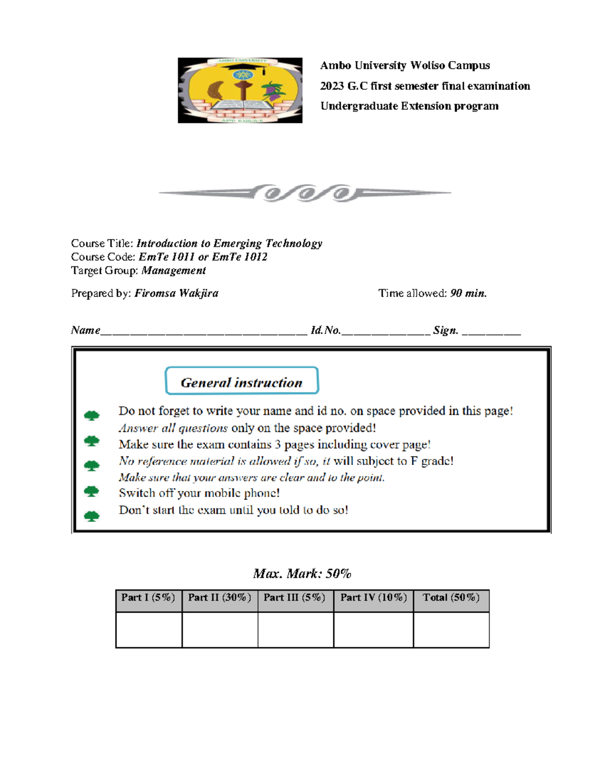 Cover page Final exam - Assignment - computer engineering - Ambo ...