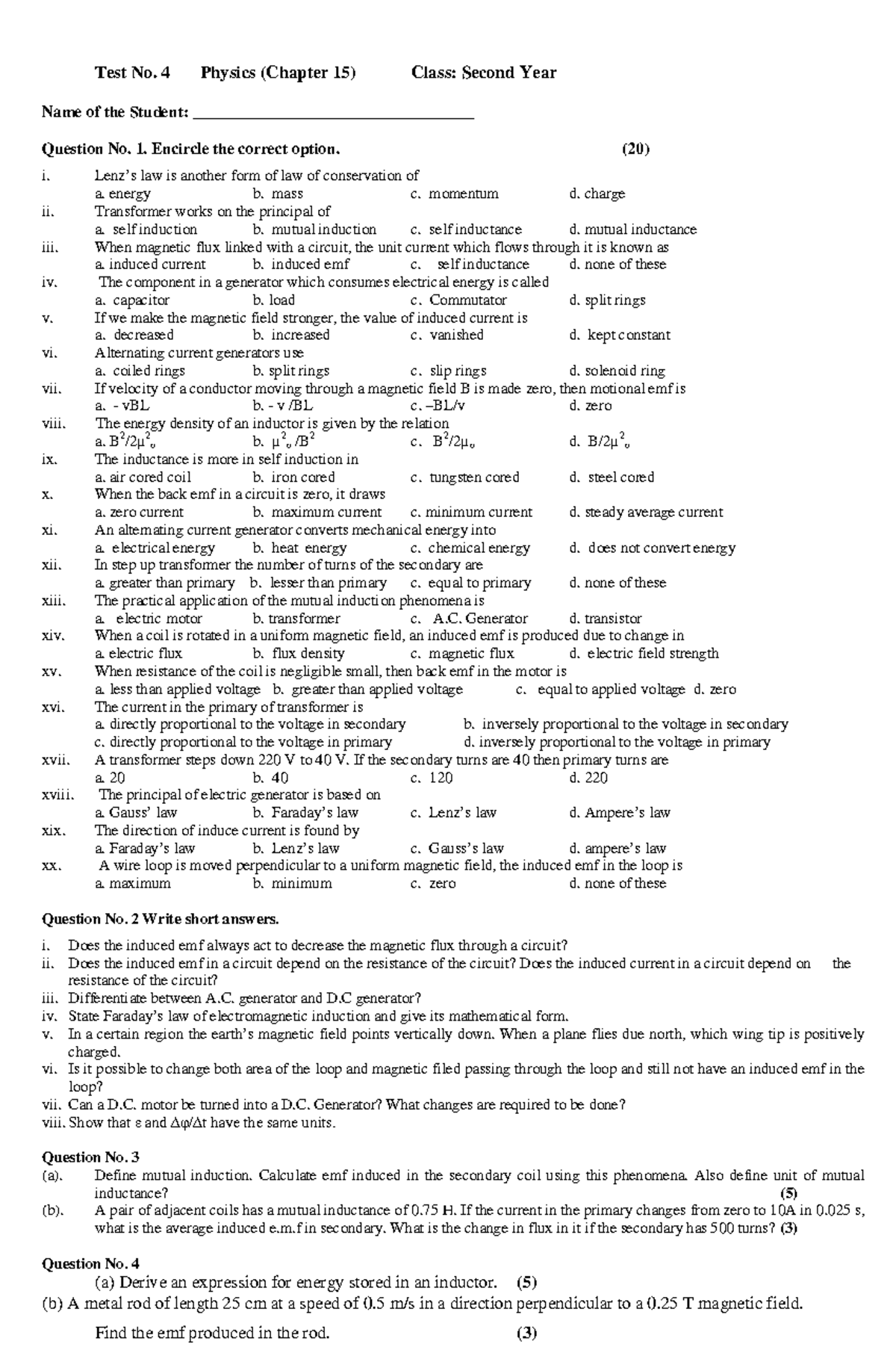 Test Chapter 15 Notes Test No. 4 Physics (Chapter 15) Class Second