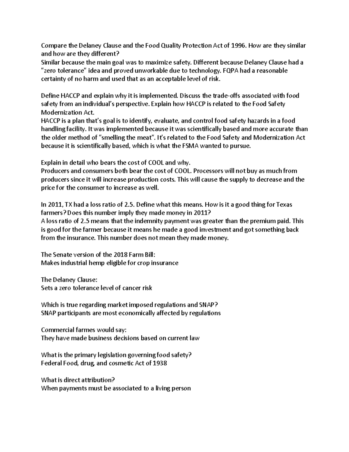 AGEC 429 Notes - Compare the Delaney Clause and the Food Quality ...