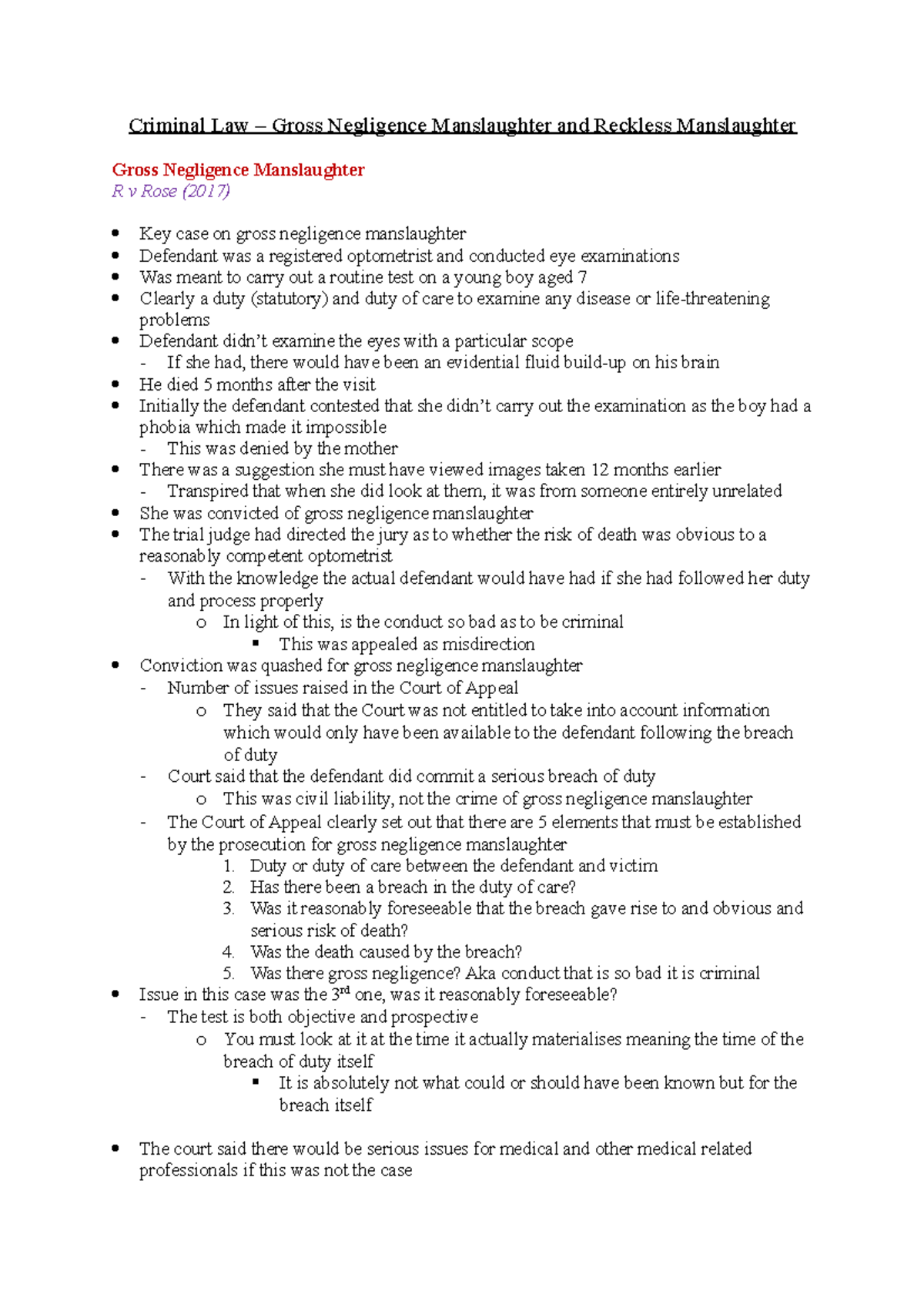 Criminal Law - Gross Negligence Manslaughter and Reckless Manslaughter ...