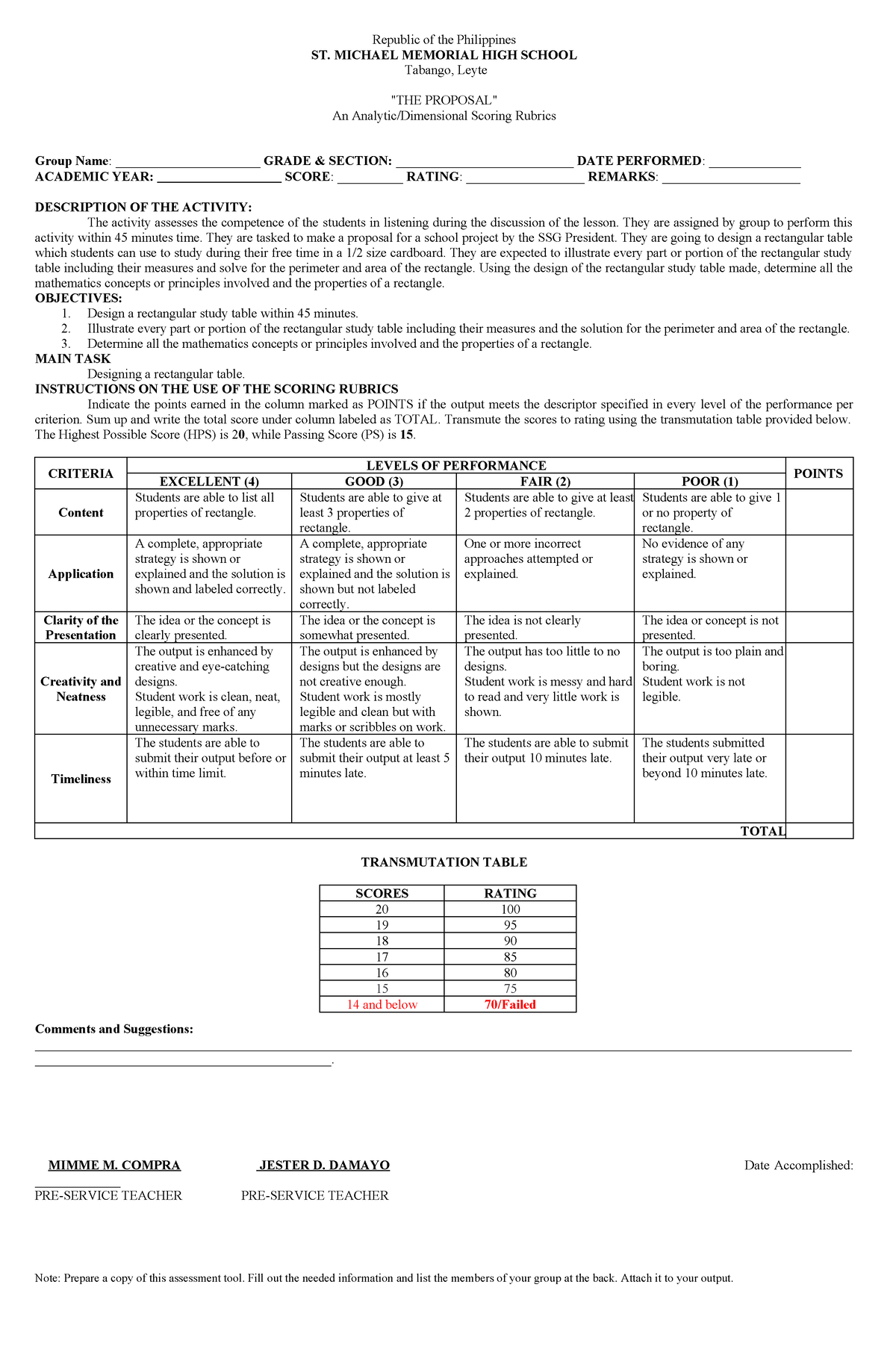 Analytic Rubrics ( Bsed) - Republic Of The Philippines St. Michael 