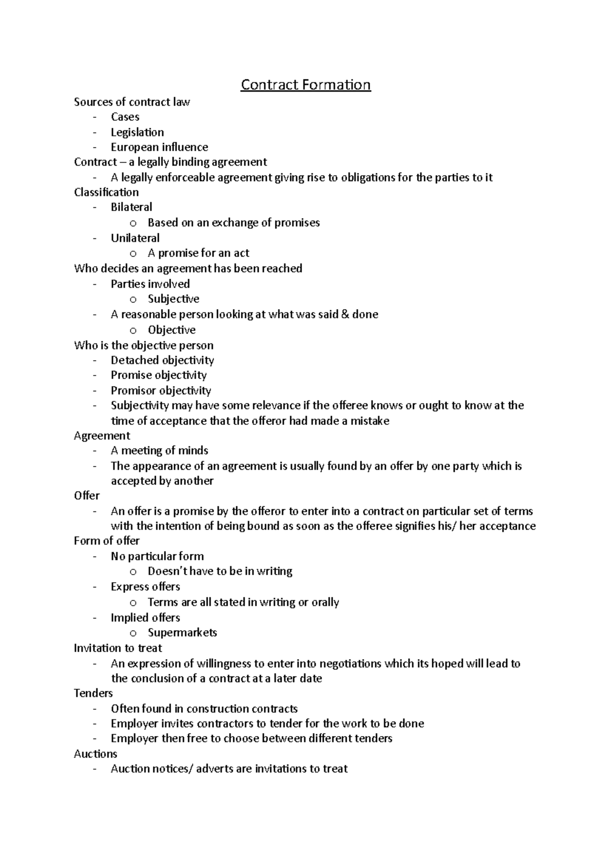 Contract Formation - Contract Formation Sources of contract law - Cases ...