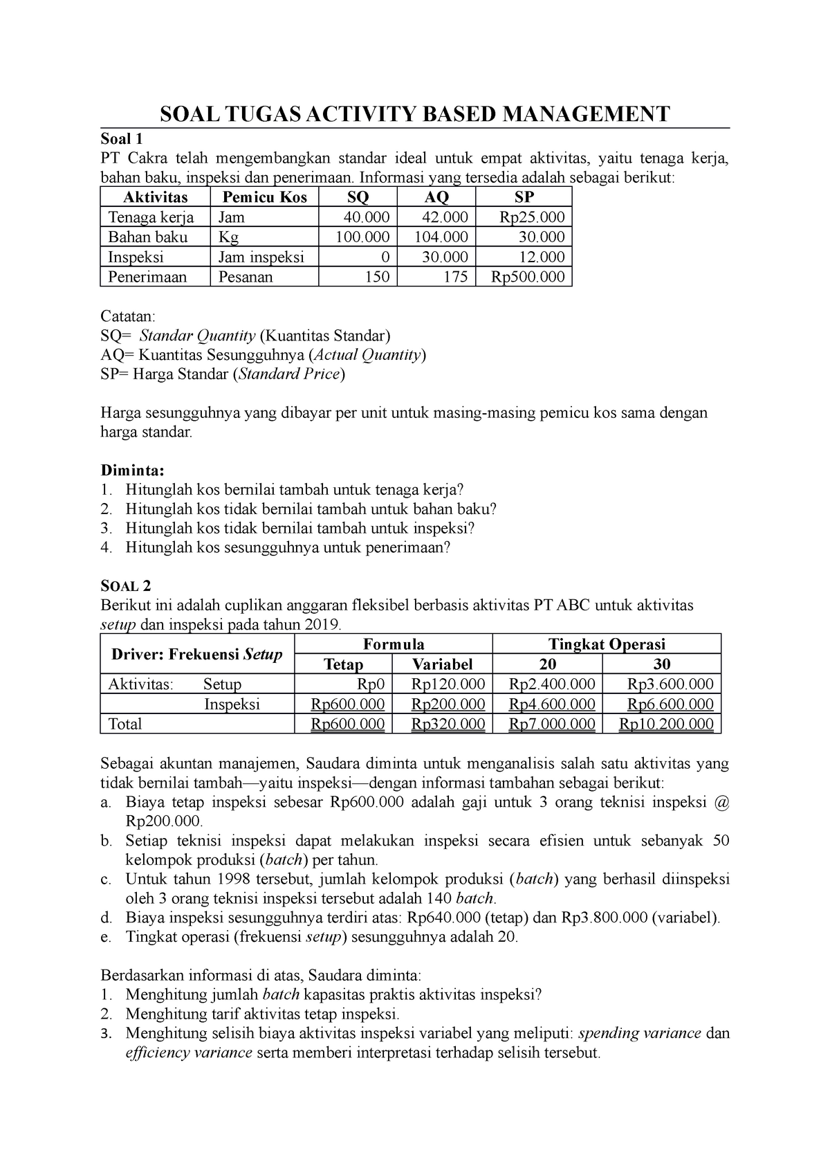 Soaltugasabm - Akuntansi Manajemen - SOAL TUGAS ACTIVITY BASED ...