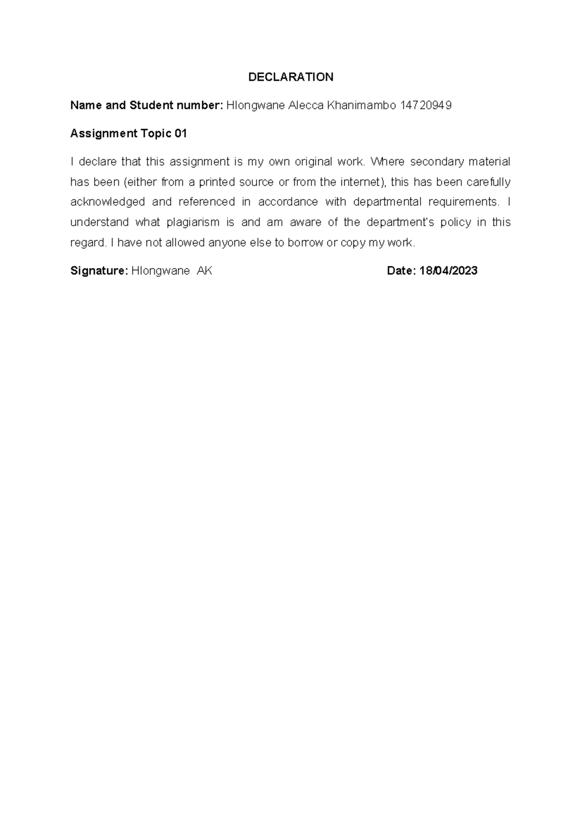 ENG2613 Assignment 01 - DECLARATION Name and Student number: Hlongwane ...