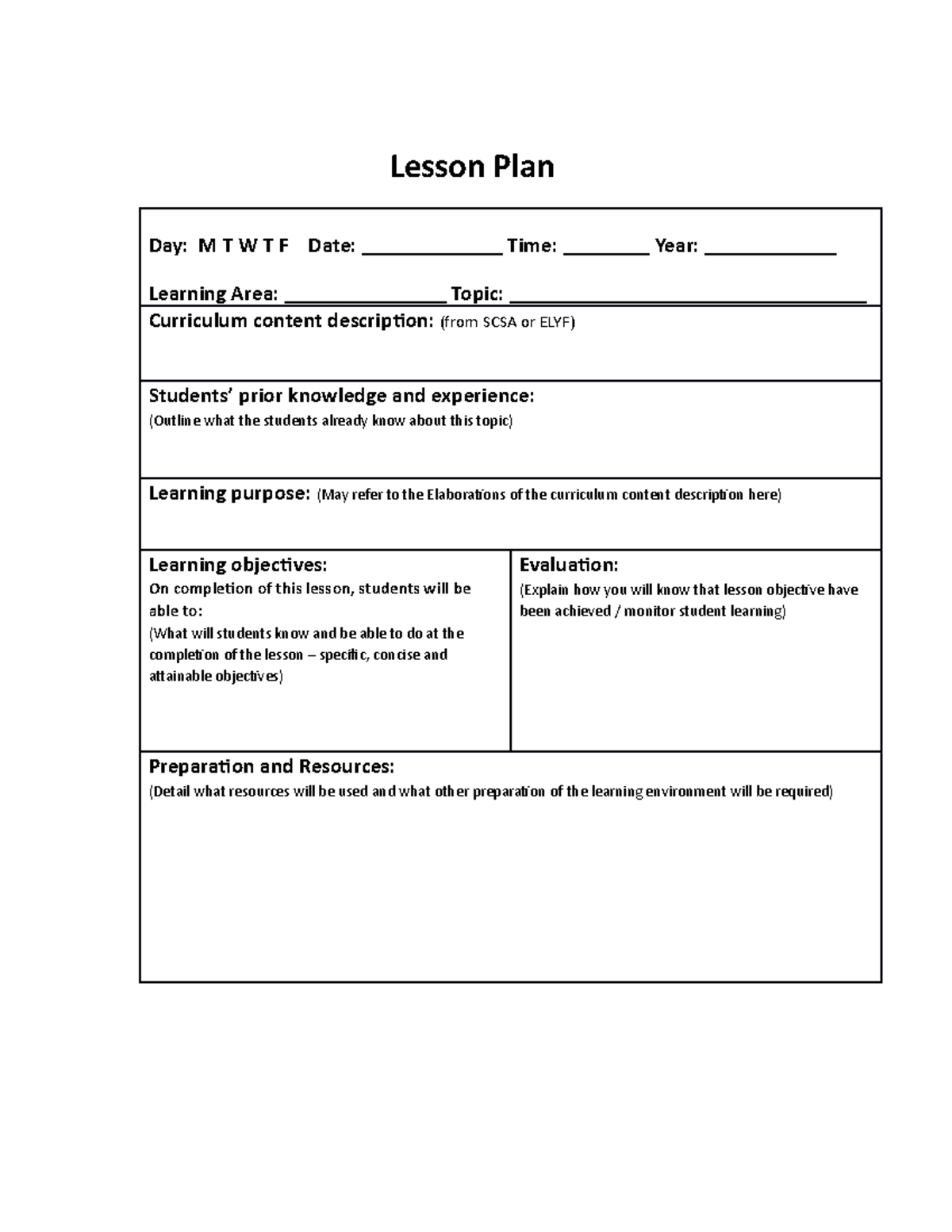 Lesson Plan Template - Lesson Plan Day: M T W T F Date ...