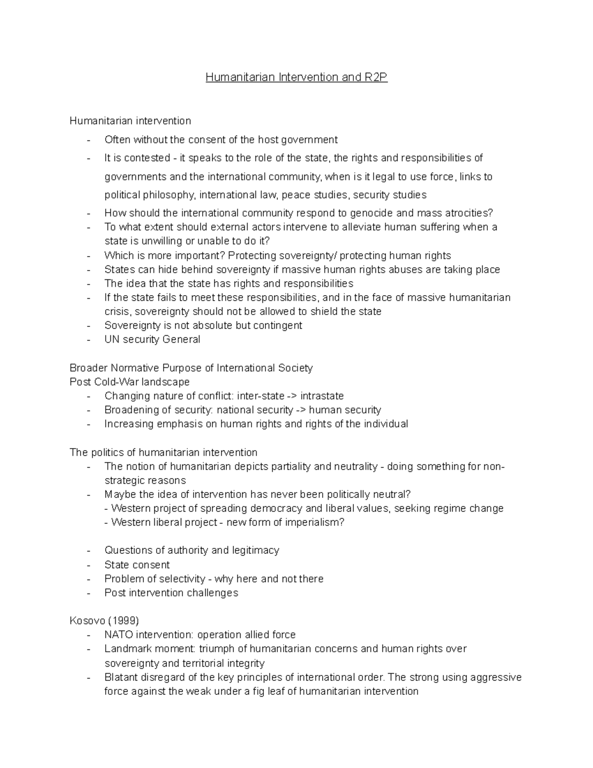 CWA 18 - Lecture notes 18 - Humanitarian Intervention and R2P ...