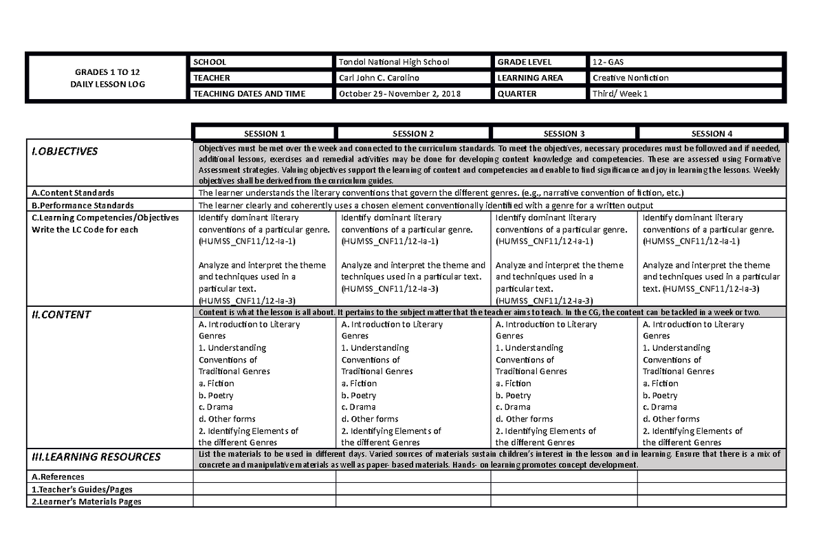 Cn Week 1 Q3 Modules Grades 1 To 12 Daily Lesson Log School Tondol National High School 2089