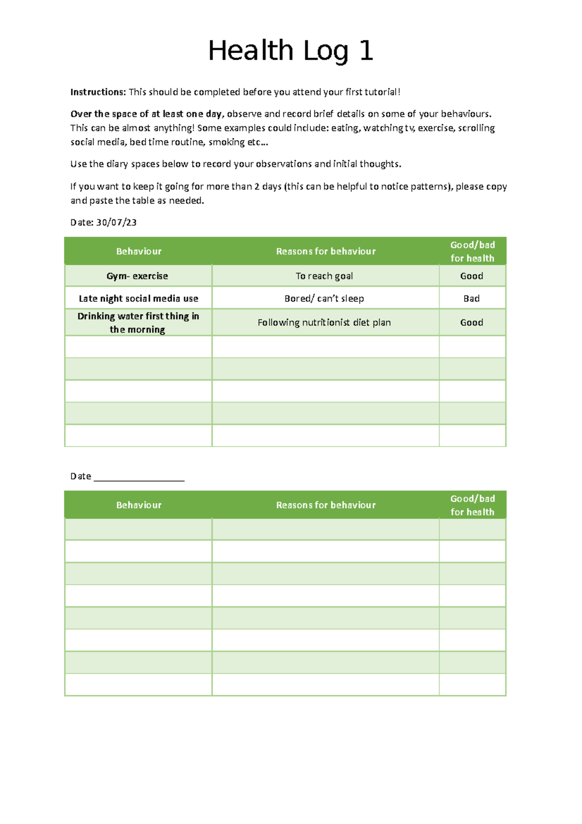 Module 2 Tutorial 1 Workbook Activity - Health Log 1 - Health Log 1 ...